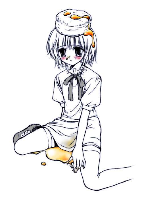 bisuke-tan, kfc, 1girl, female focus, monochrome, object on head, simple background, solo, spot color, suggestive fluid, thighhighs, white background