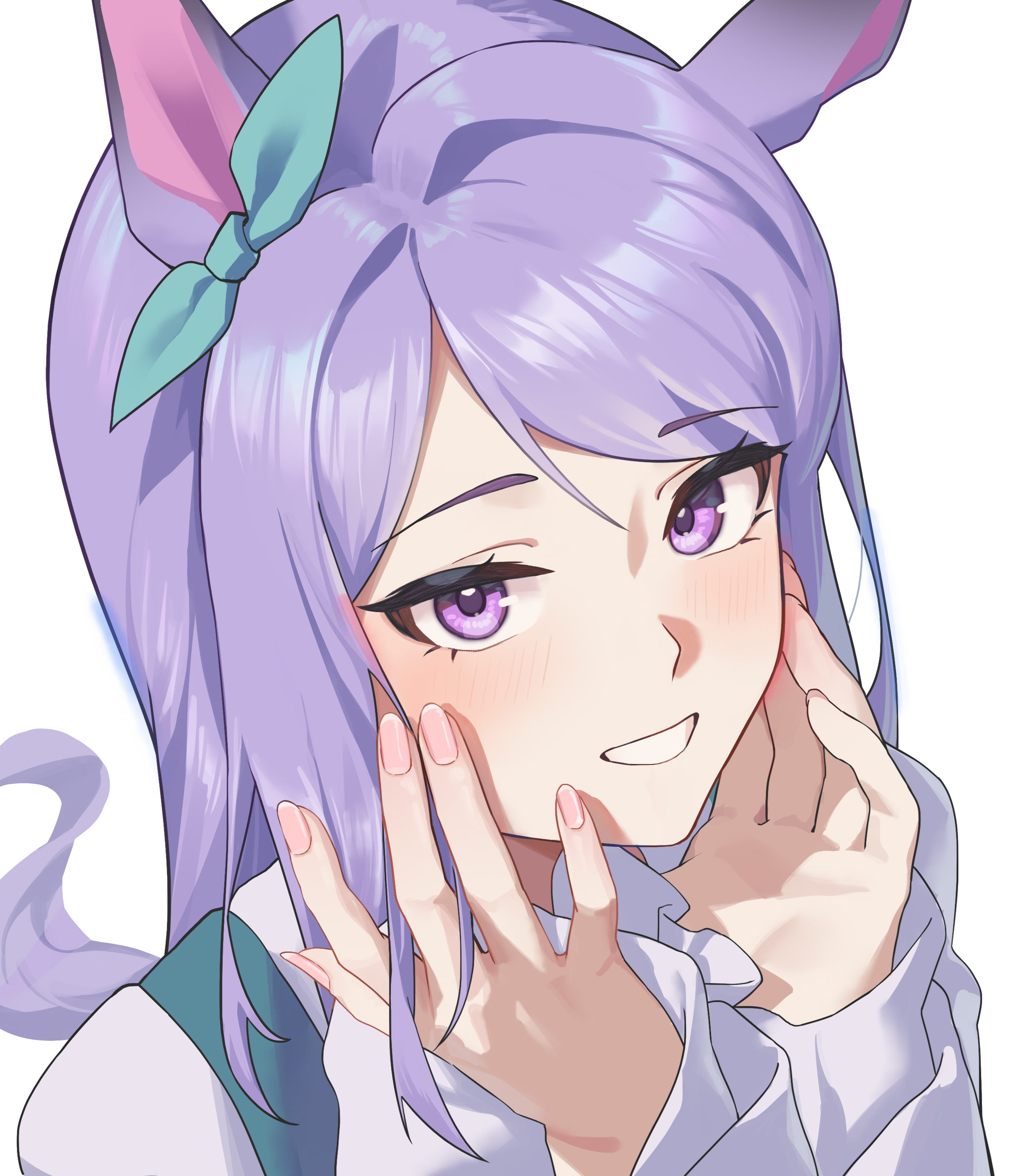 mejiro mcqueen (umamusume), umamusume, absurdres, highres, 1girl, animal ears, blush, grin, hands on own face, horse ears, horse girl, horse tail, long hair, looking at viewer, purple eyes, purple hair, shirt, sidelocks, smile, solo, tail, tuomali, upper body, white shirt