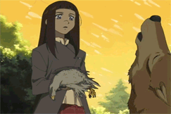 leara, toboe, tsume, wolf's rain, grabbing, animated, animated gif, anime screenshot, lowres, non-web source, 00s, bird, black hair, death, grass, hawk, leather, midriff, outdoors, running, sunset, wolf