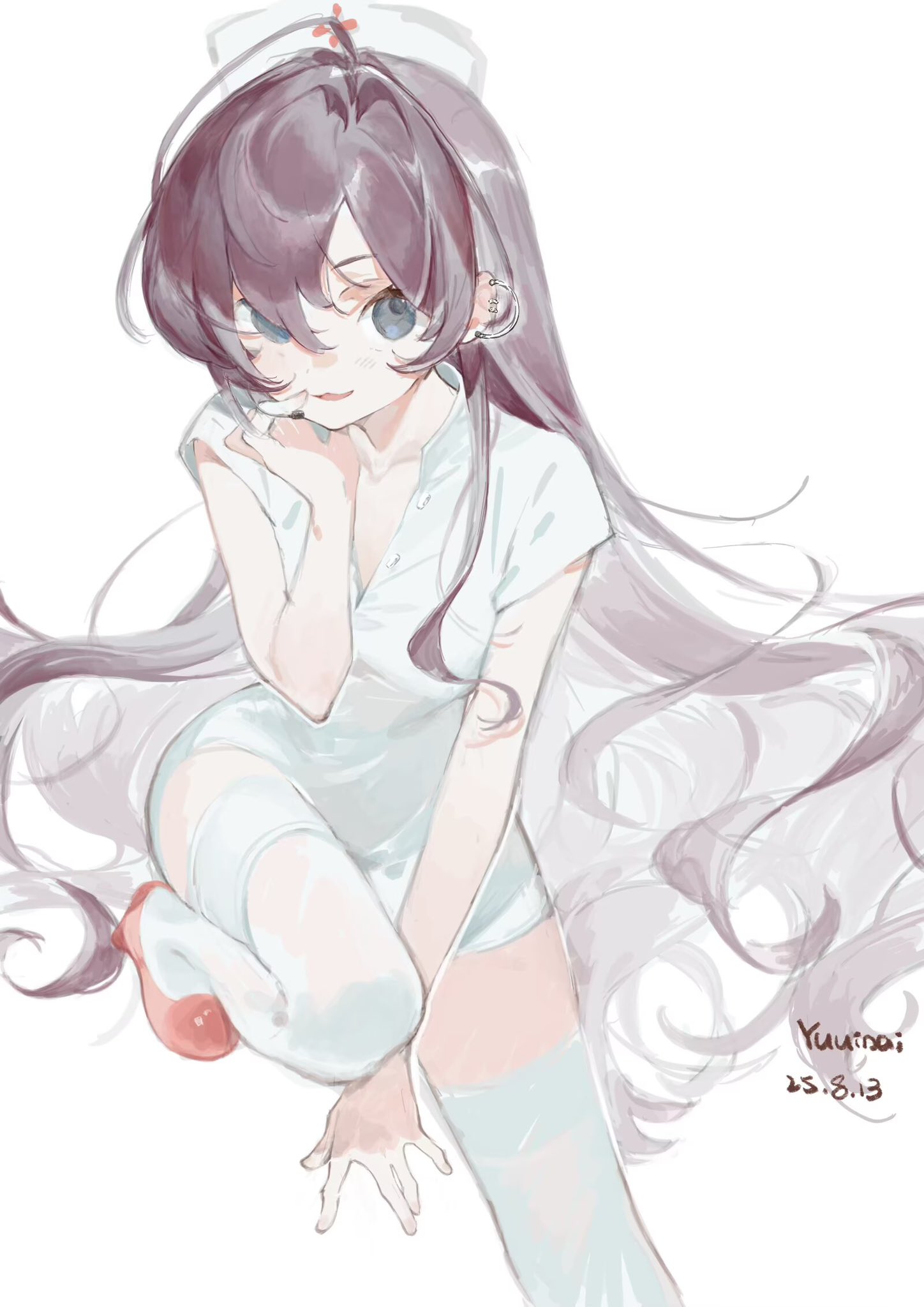 yuuinai, ichinose shiki, idolmaster, idolmaster cinderella girls, commentary request, highres, 1girl, blue eyes, brown hair, dated, dress, ear piercing, grey hair, hair between eyes, hat, headset, leg up, long hair, looking at viewer, multicolored hair, nurse, nurse cap, parted lips, piercing, red shoes, shoes, short dress, short sleeves, signature, simple background, solo, thighhighs, very long hair, white background, white dress, white thighhighs