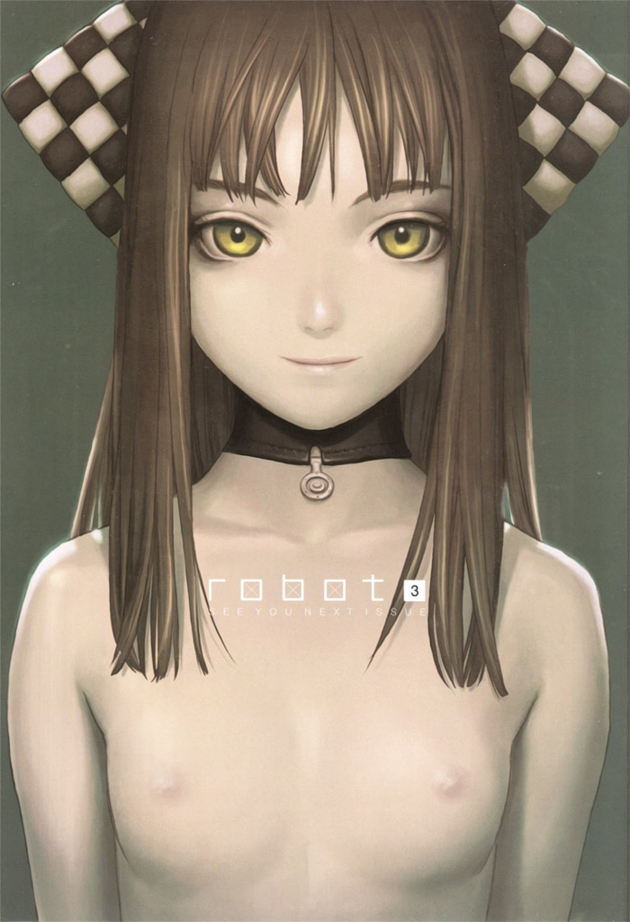 murata range, non-web source, 1girl, arms at sides, art deco, breasts, brown hair, choker, collar, english text, female focus, flat chest, green background, loli, long hair, muted color, nipples, portrait, small breasts, smile, solo, topless frame, upper body, yellow eyes