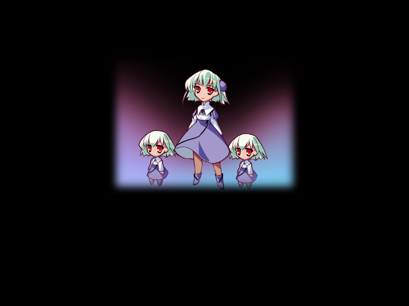 ein (long cake), hisoka, gadget trial, non-web source, 3girls, aqua hair, chibi, chibi only, clone, dark, full body, green hair, looking at viewer, multiple girls, multiple persona, red eyes, short hair, skirt, standing