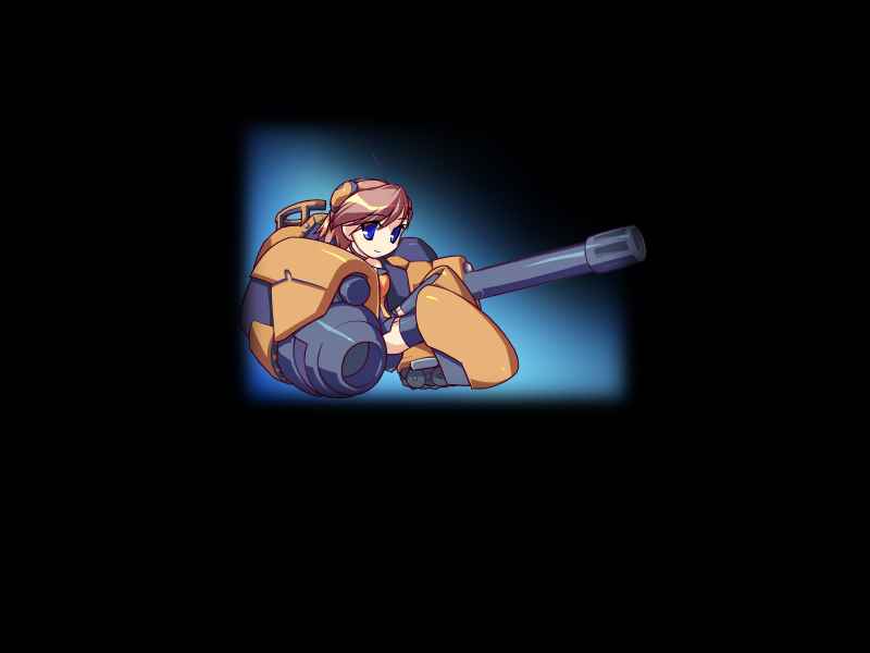 ein (long cake), nei, nei (gadget trial), gadget trial, 1girl, antennae, black background, blue eyes, cannon, chibi, chibi only, dark, female focus, full body, garter straps, headgear, red hair, short hair, simple background, sitting, smile, solo, thighhighs, zettai ryouiki