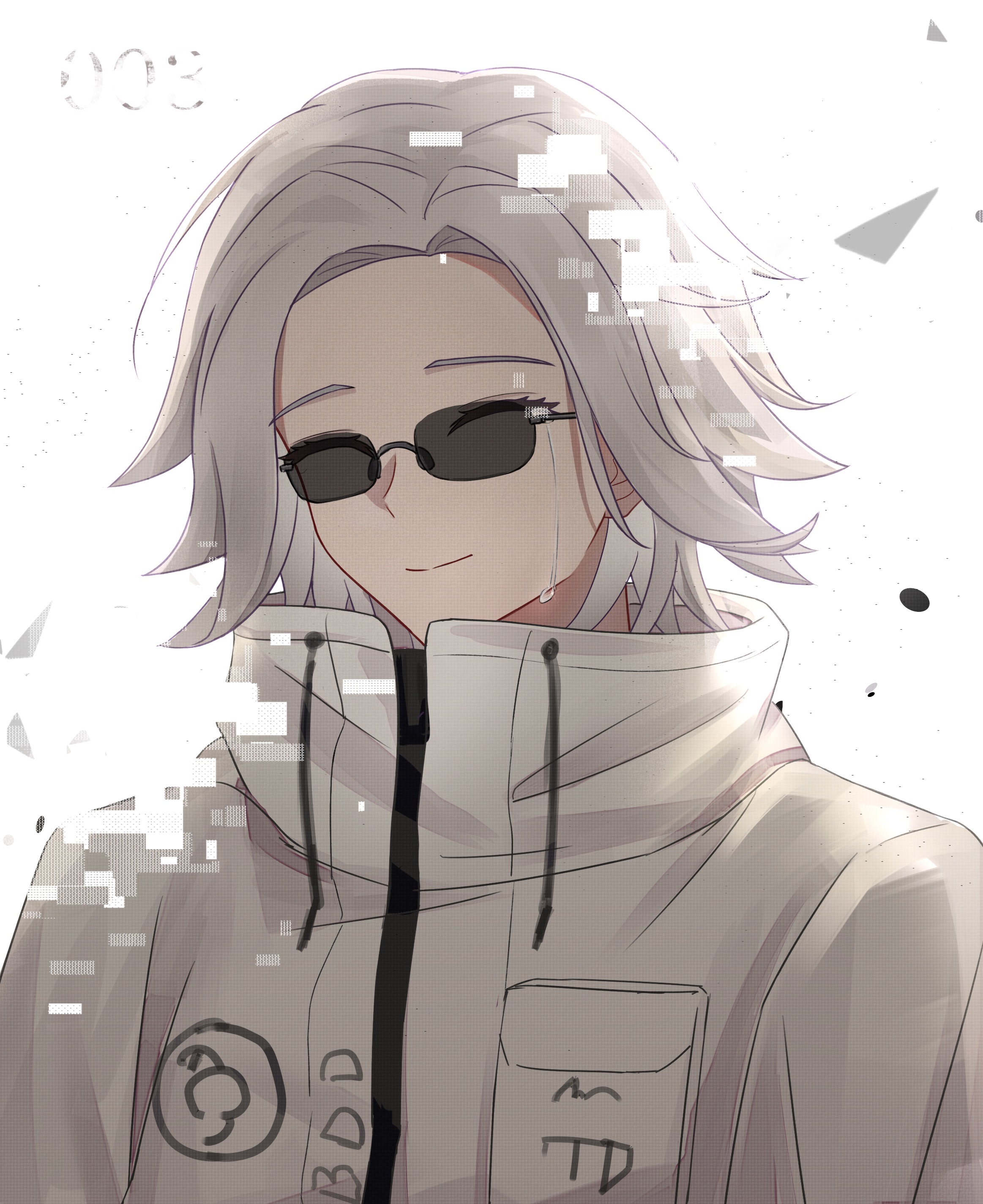 aotsuki eito, the hundred line -last defense academy-, absurdres, chinese commentary, highres, 1boy, ^ ^, breast pocket, closed eyes, crying, facing viewer, glasses, glitch, grey hair, jacket, male focus, pocket, short hair, smile, solo, sunglasses, upper body, white background, white jacket, xinjinjumin270849759055
