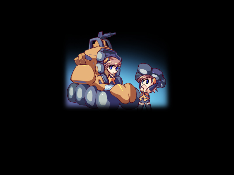 ein (long cake), mini-nei, nei, nei (gadget trial), gadget trial, vehicle, 2girls, blue eyes, brown hair, chibi, chibi only, clone, dark, holding, looking at viewer, multiple girls, multiple persona, short hair, simple background, smile, weapon