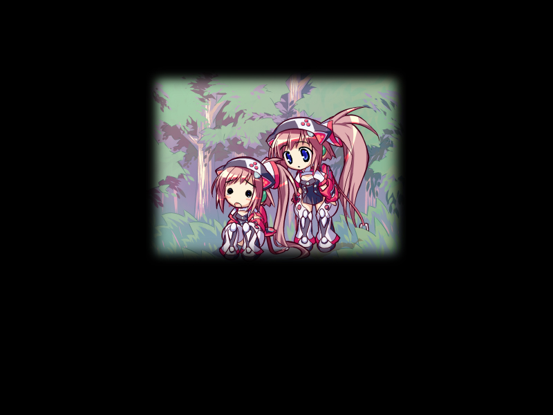 ein (long cake), izen, gadget trial, 2girls, animal hat, blue eyes, blush, brown hair, cat hat, clone, dark, dual persona, forest, full body, hat, knees together feet apart, multiple girls, multiple persona, nature, o o, outdoors, side ponytail, sidelocks, squatting, standing, tree