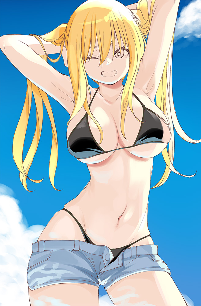 nao akinari, lieselotte sherlock, trinity seven, official art, unfinished, 1girl, bikini, black bikini, blonde hair, blue sky, breasts, cloud, large breasts, long hair, open clothes, open shorts, short shorts, shorts, sky, solo, swimsuit, underboob