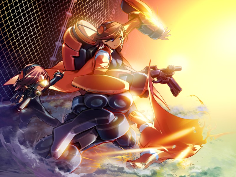 ein (long cake), nei, nei (gadget trial), gadget trial, 2girls, action, black bodysuit, blue eyes, bodysuit, brown hair, chain-link fence, closed mouth, earrings, fence, fingerless gloves, firing, glasses, gloves, gun, hairband, holding, holding gun, holding weapon, jewelry, looking back, machinery, multiple girls, purple hair, rifle, short hair, smile, smoke, sparkle, splashing, sunglasses, sunlight, swept bangs, water, weapon, wheel