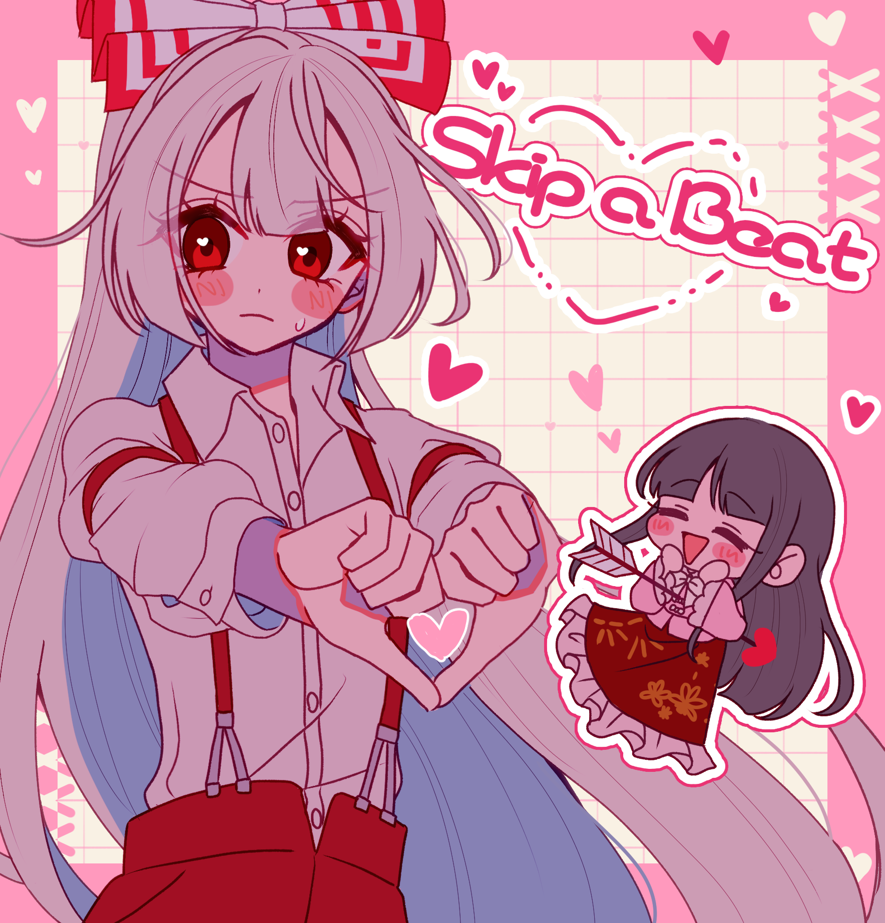 tamiko (tamik0224), fujiwara no mokou, houraisan kaguya, touhou, commentary request, highres, 2girls, arrow (projectile), black hair, blush, bow, bowtie, chibi, chibi inset, closed eyes, closed mouth, collared shirt, double thumbs down, english text, frilled skirt, frilled sleeves, frills, grey hair, hair bow, heart, heart arrow, heart hands, heart in eye, long hair, long sleeves, multiple girls, open mouth, pants, pink shirt, red eyes, red pants, red skirt, shirt, skirt, smile, suspenders, sweatdrop, symbol in eye, thumbs down, thumbs down heart hands, very long hair, white bow, white bowtie, white shirt, yuri