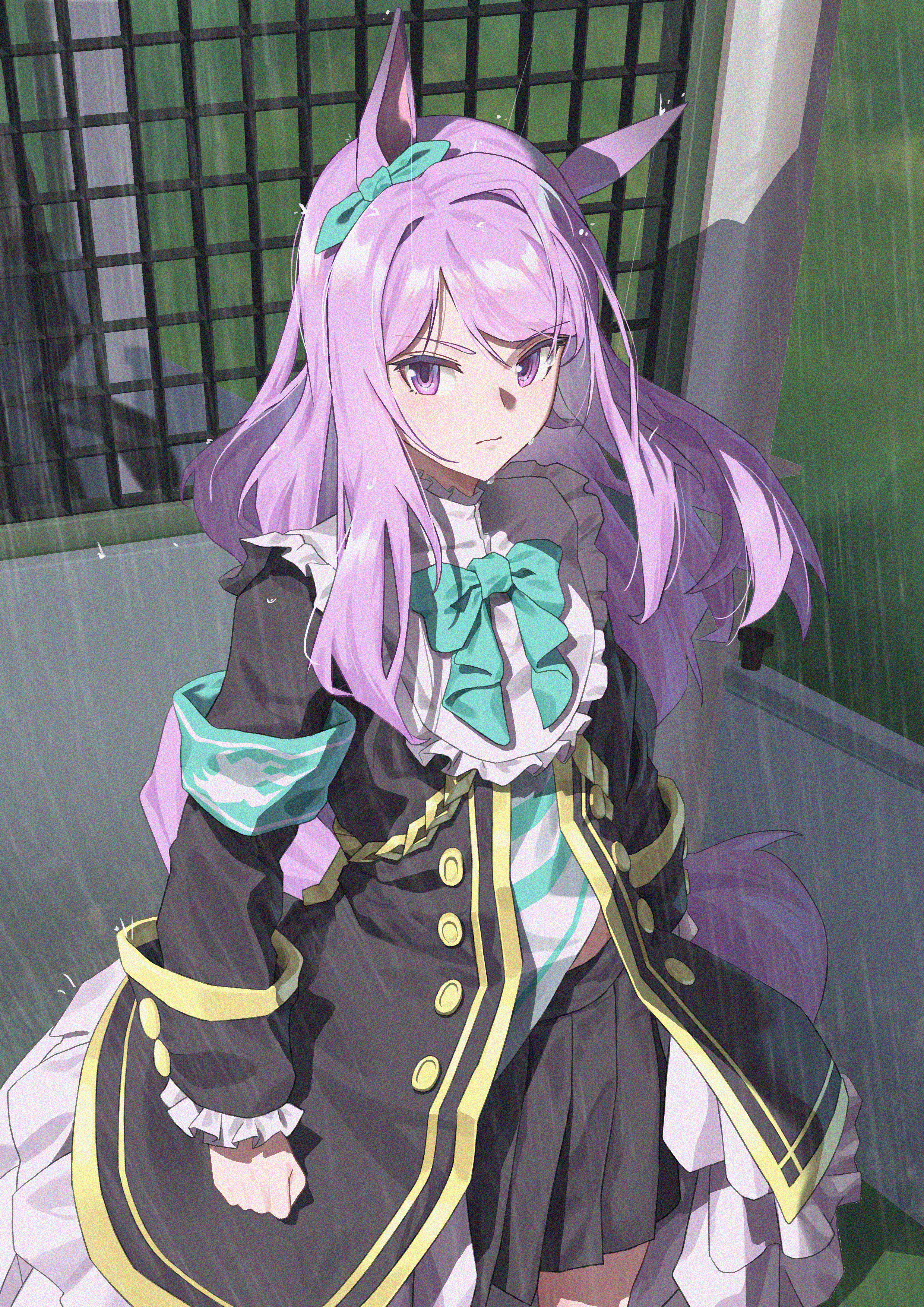 mejiro mcqueen (frontline elegance) (umamusume), mejiro mcqueen (umamusume), umamusume, absurdres, highres, 1girl, animal ears, aqua bow, black jacket, black skirt, bow, clenched hand, closed mouth, hair bow, horse ears, horse girl, jacket, long hair, looking at viewer, pleated skirt, purple eyes, purple hair, rain, shirt, sidelocks, skirt, solo, striped clothes, striped shirt, tuomali, wet, white shirt