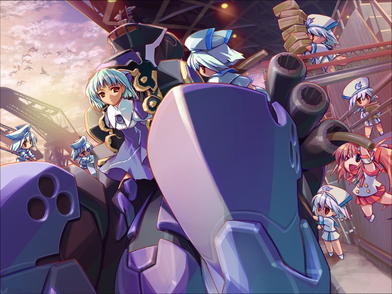 ein (long cake), hisoka, izen, gadget trial, game cg, non-web source, 6+girls, bird, carrying, chibi, clone, crane (animal), dress, looking at viewer, mecha, multiple girls, multiple persona, pink hair, red eyes, robot, running, school uniform, serafuku, short hair, sky