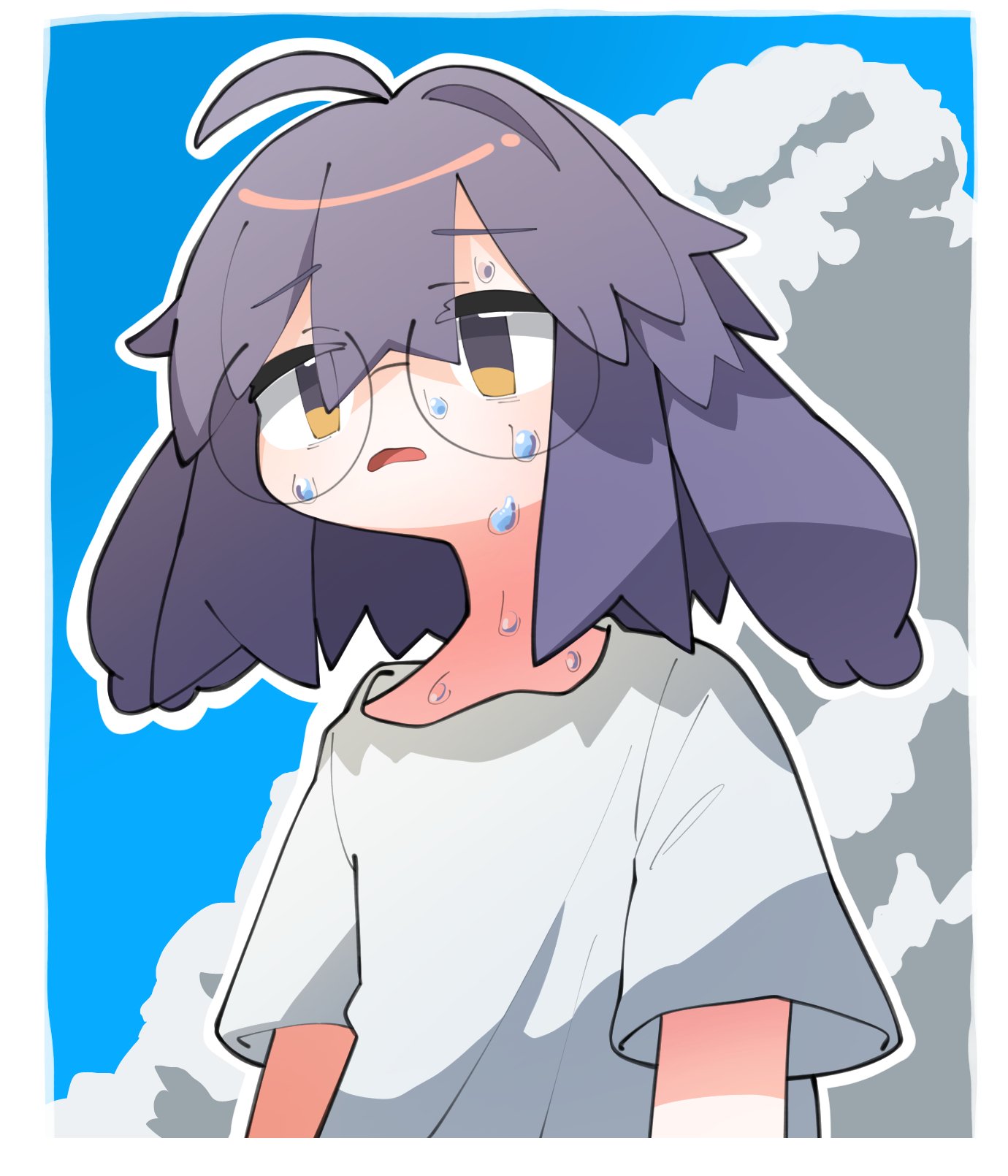 the fusakogane, vrchat, highres, 1girl, animal ears, blue sky, border, cloud, day, floppy ears, glasses, grey shirt, hair between eyes, lop rabbit ears, outdoors, outline, parted lips, purple hair, rabbit ears, rabbit girl, round eyewear, shirt, short sleeves, sky, solo, sweat, upper body, usasaki (vrchat), white border, white outline