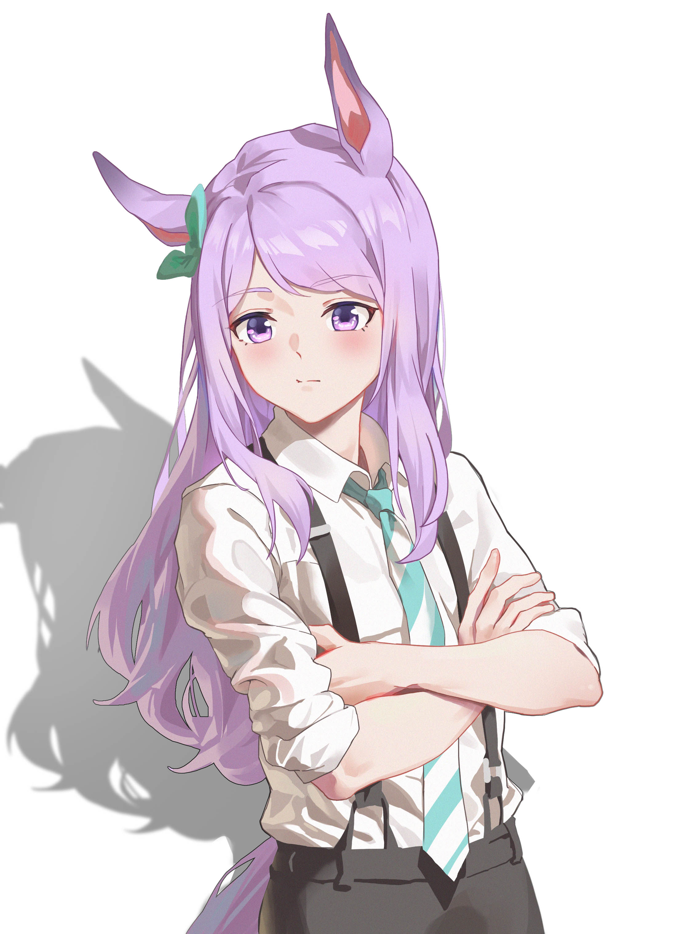 mejiro mcqueen (umamusume), umamusume, absurdres, highres, 1girl, animal ears, black skirt, blue necktie, blush, bow, closed mouth, collared shirt, crossed arms, diagonal-striped clothes, diagonal-striped necktie, green bow, hair bow, horse ears, horse girl, long hair, necktie, purple eyes, purple hair, shirt, sidelocks, skirt, sleeves rolled up, solo, striped clothes, suspenders, tuomali, white shirt