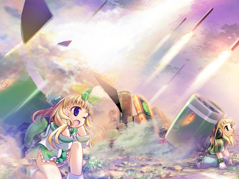 ein (long cake), yu-ri (arium047), gadget trial, yuuri, non-web source, 1boy, 3girls, blonde hair, blue eyes, bow, clone, green theme, mecha musume, multiple girls, multiple persona, rocket