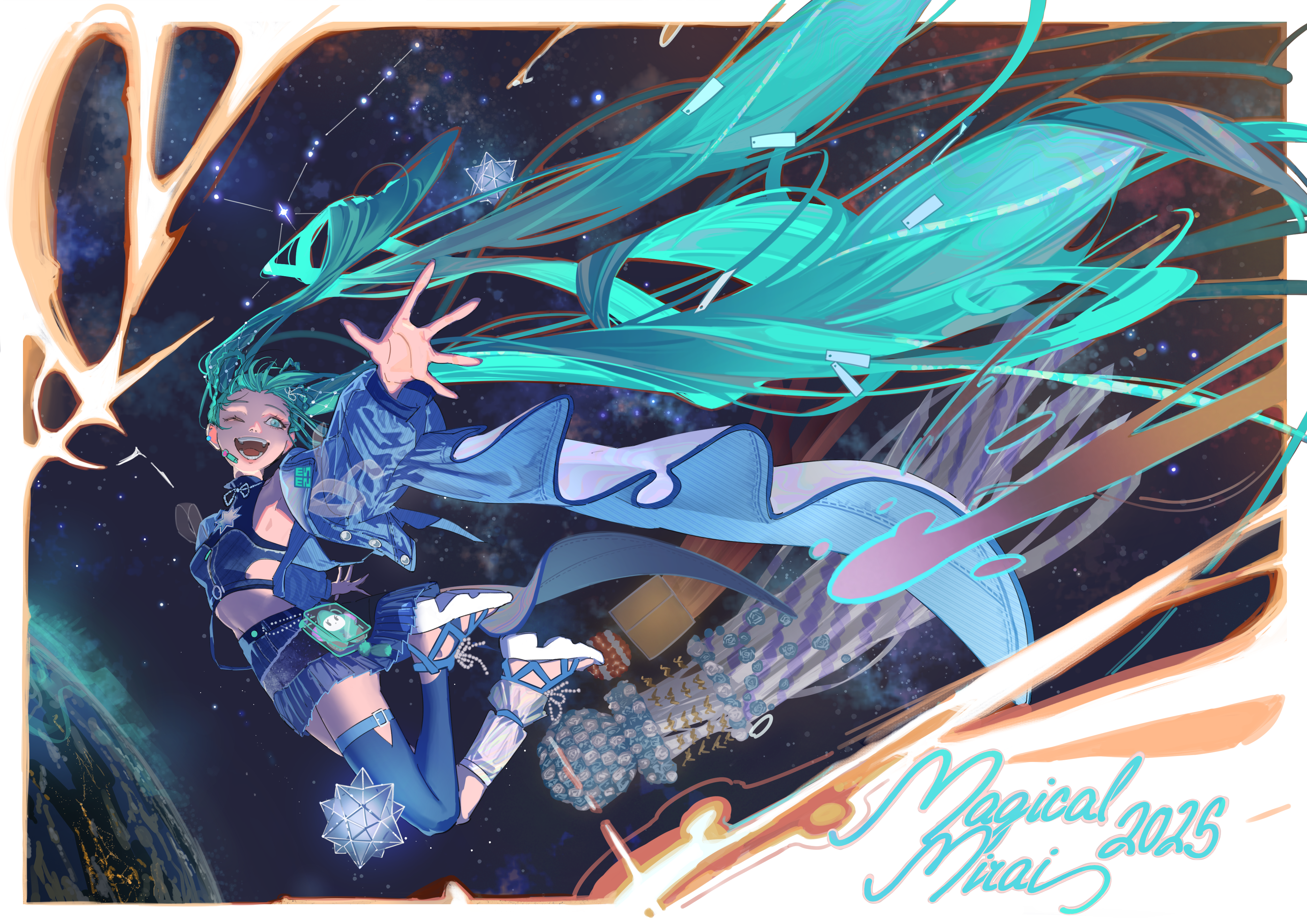bennopi, hatsune miku, magical mirai miku, magical mirai miku (2025), magical mirai (vocaloid), vocaloid, absurdres, highres, 1girl, absurdly long hair, aqua eyes, aqua hair, arm up, armpits, blue jacket, blue skirt, blue thighhighs, blush, breasts, crop top, jacket, long hair, medium breasts, midriff, official alternate costume, official alternate hairstyle, one eye closed, open clothes, open jacket, open mouth, sandals, shirt, skirt, sleeveless, sleeveless shirt, small stellated dodecahedron, smile, solo, stomach, thighhighs, very long hair