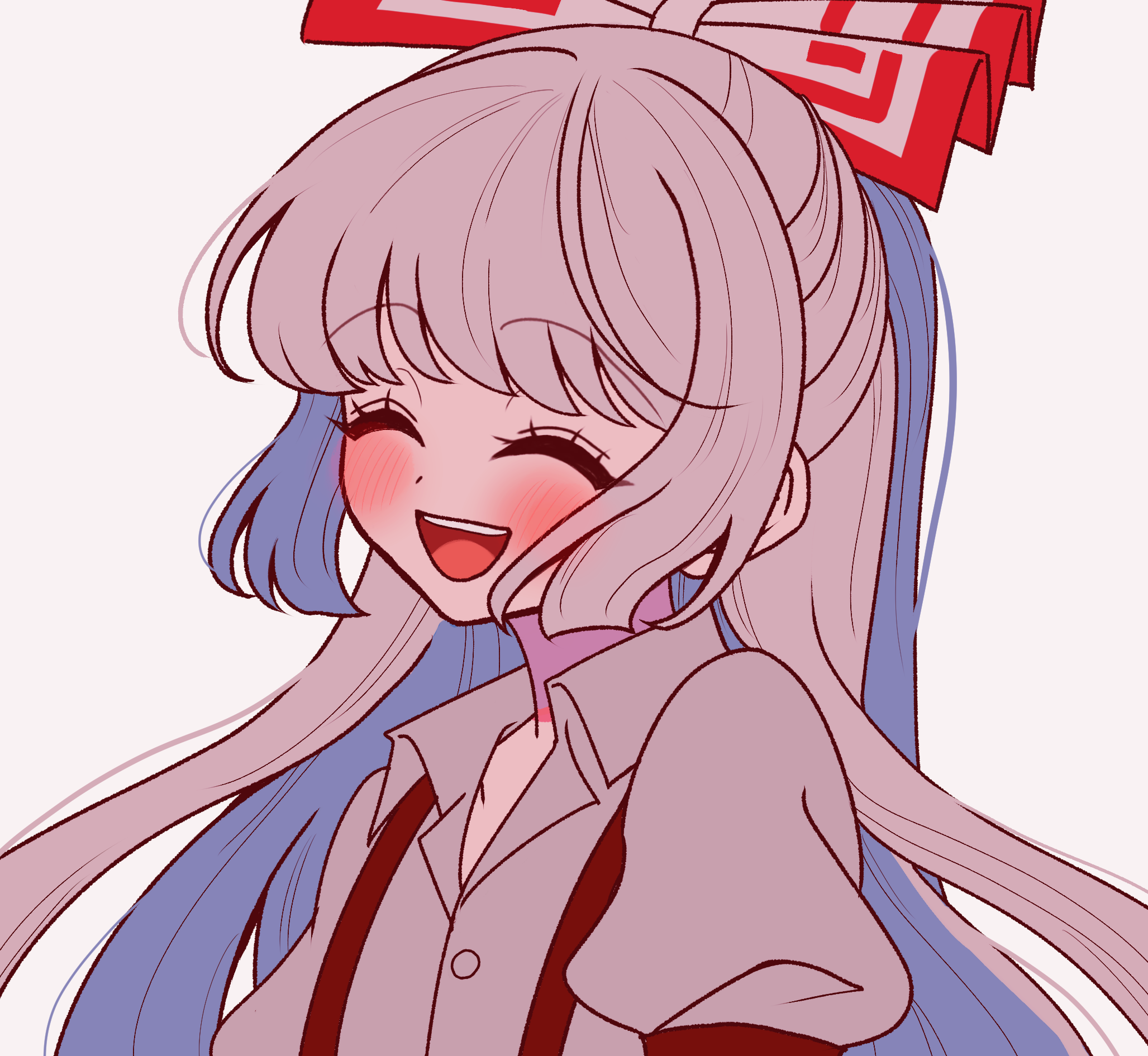 tamiko (tamik0224), fujiwara no mokou, touhou, commentary request, highres, 1girl, blush, bow, closed eyes, collared shirt, facing viewer, grey hair, grey shirt, hair bow, long hair, open mouth, shirt, smile, solo, suspenders
