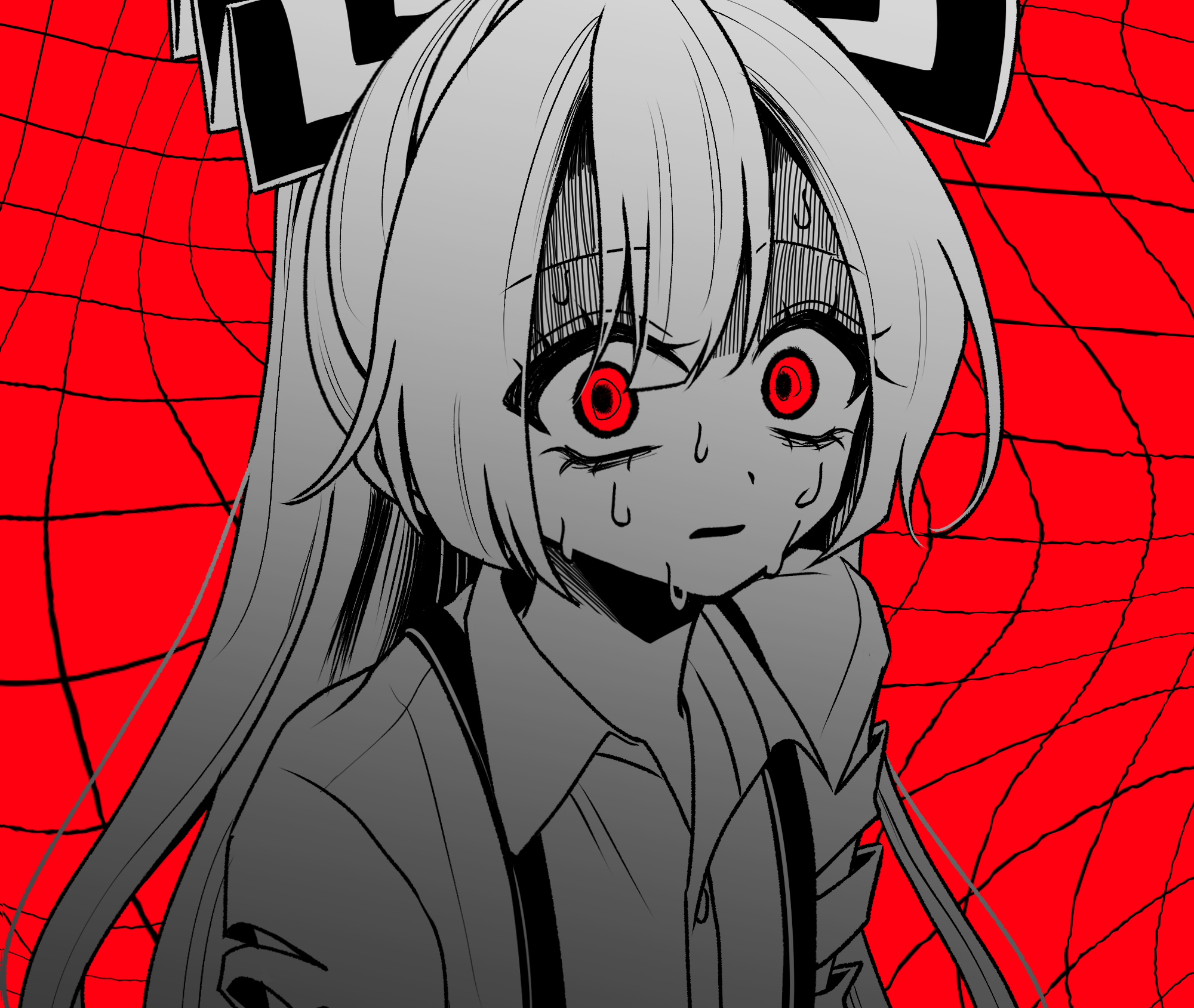 tamiko (tamik0224), fujiwara no mokou, touhou, commentary request, highres, 1girl, bow, greyscale with colored background, grid background, hair bow, long hair, looking at viewer, monochrome, open mouth, red background, red eyes, shirt, solo, spot color, suspenders, sweat, torn clothes, torn sleeves