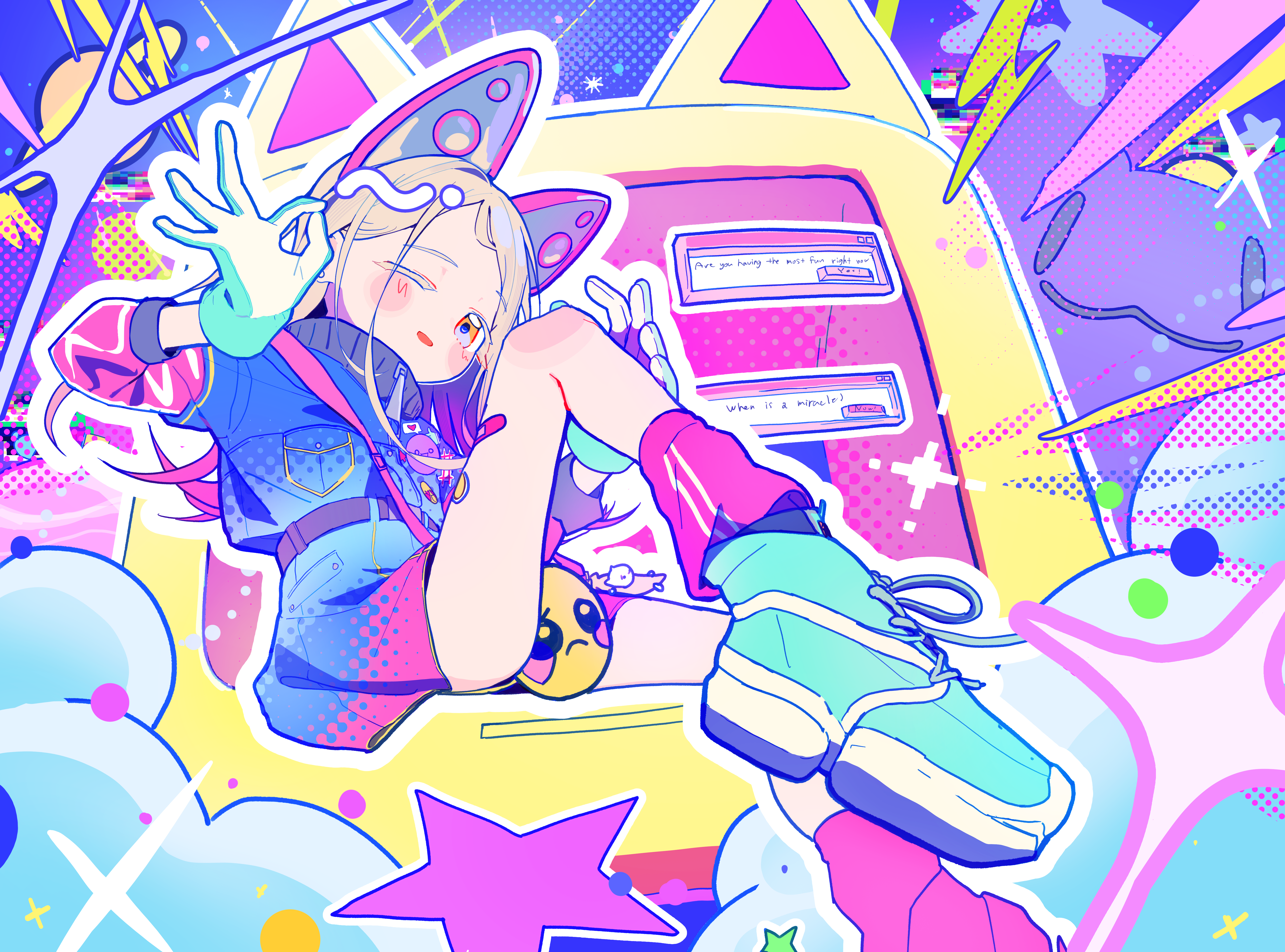 utsusemi 1024, shinosawa hiro, gakuen idolmaster, idolmaster, absurdres, highres, 1girl, animal ears, aqua gloves, aqua jacket, aqua shoes, badge, bag, belt, black belt, blonde hair, blue jacket, bright pupils, button badge, cat, cat ears, cloud, colorful, colorful background, emoji, fake animal ears, flipped hair, from below, gloves, hands up, heart, jacket, long hair, looking at viewer, loose socks, miracle na now! (idolmaster), monitor, multicolored hair, multicolored jacket, multicolored shorts, official alternate costume, ok sign, one eye closed, orange eyes, patterned background, pink hair, pink jacket, pink shorts, pink socks, pixel star, planet, pleading face emoji, shoes, short shorts, shorts, shoulder bag, smile, sneakers, socks, solo, star (symbol), sticker on leg, window (computing), zipper, zipper pull tab