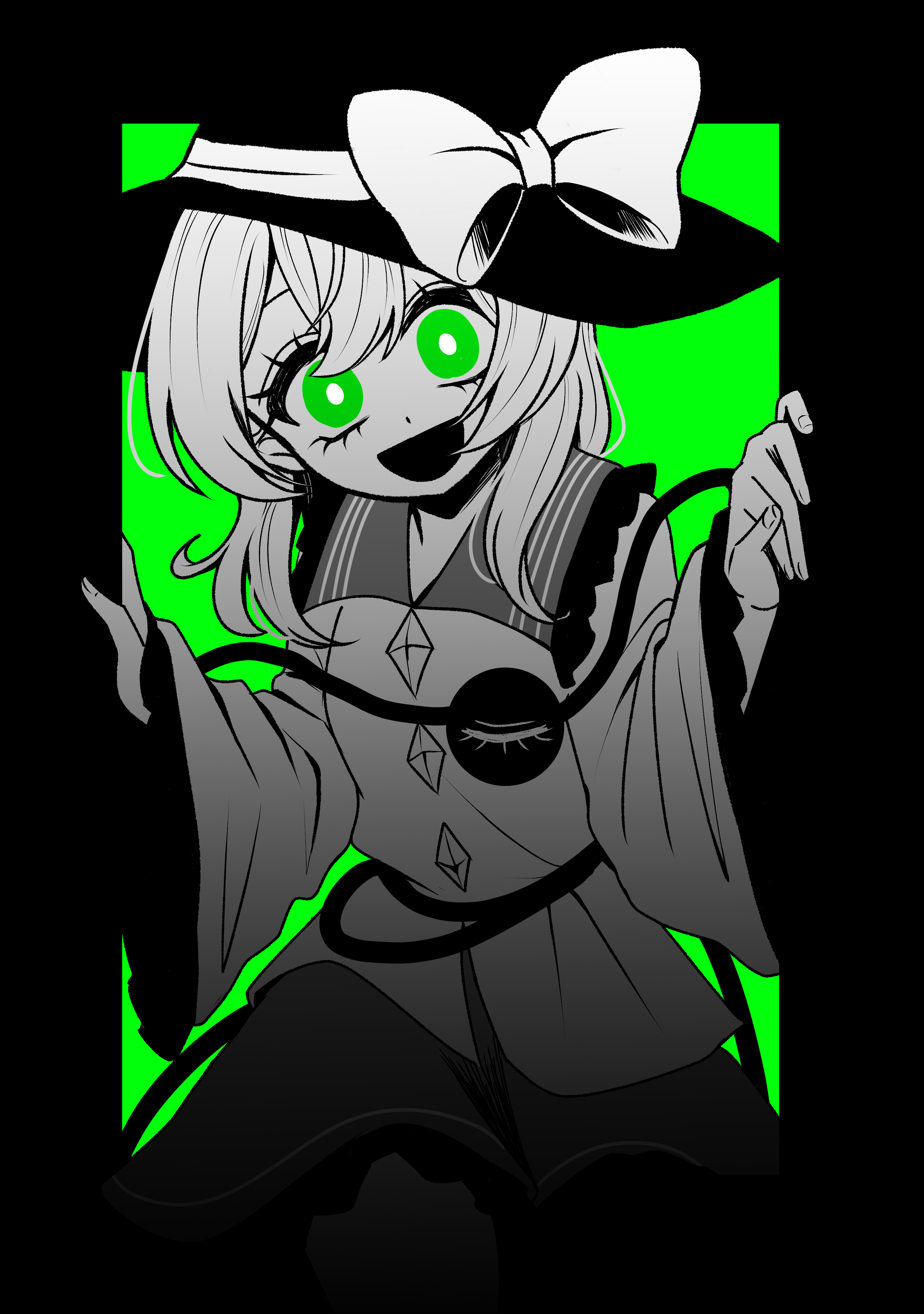 tamiko (tamik0224), komeiji koishi, touhou, absurdres, commentary request, highres, 1girl, bow, buttons, collared shirt, diamond button, eyeball, frilled shirt collar, frilled sleeves, frills, green background, green eyes, hat, hat bow, hat ribbon, koishi day, long sleeves, looking at viewer, open mouth, partially colored, ribbon, shirt, skirt, smile, solo, third eye, wide sleeves