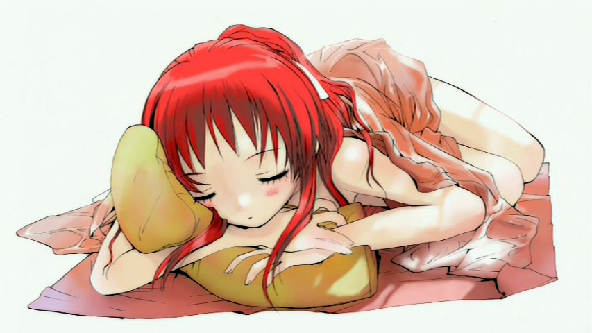 aka, onda aka, rec (manga), anime screenshot, non-web source, 00s, 1girl, blanket, blush, female focus, hugging object, legs, long hair, lying, nude, on stomach, pillow, pillow hug, red hair, sleeping, solo