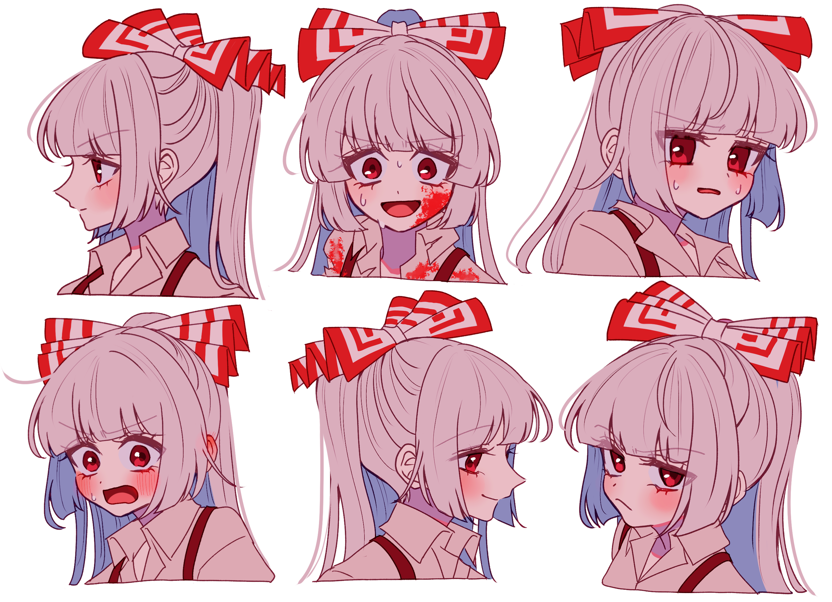 tamiko (tamik0224), fujiwara no mokou, touhou, commentary request, highres, 1girl, blood, blood on clothes, blood on face, blush, bow, closed mouth, collared shirt, ear blush, grey hair, grey shirt, hair bow, long hair, looking at viewer, multiple expressions, multiple views, open mouth, red eyes, shirt, smile, suspenders, sweat