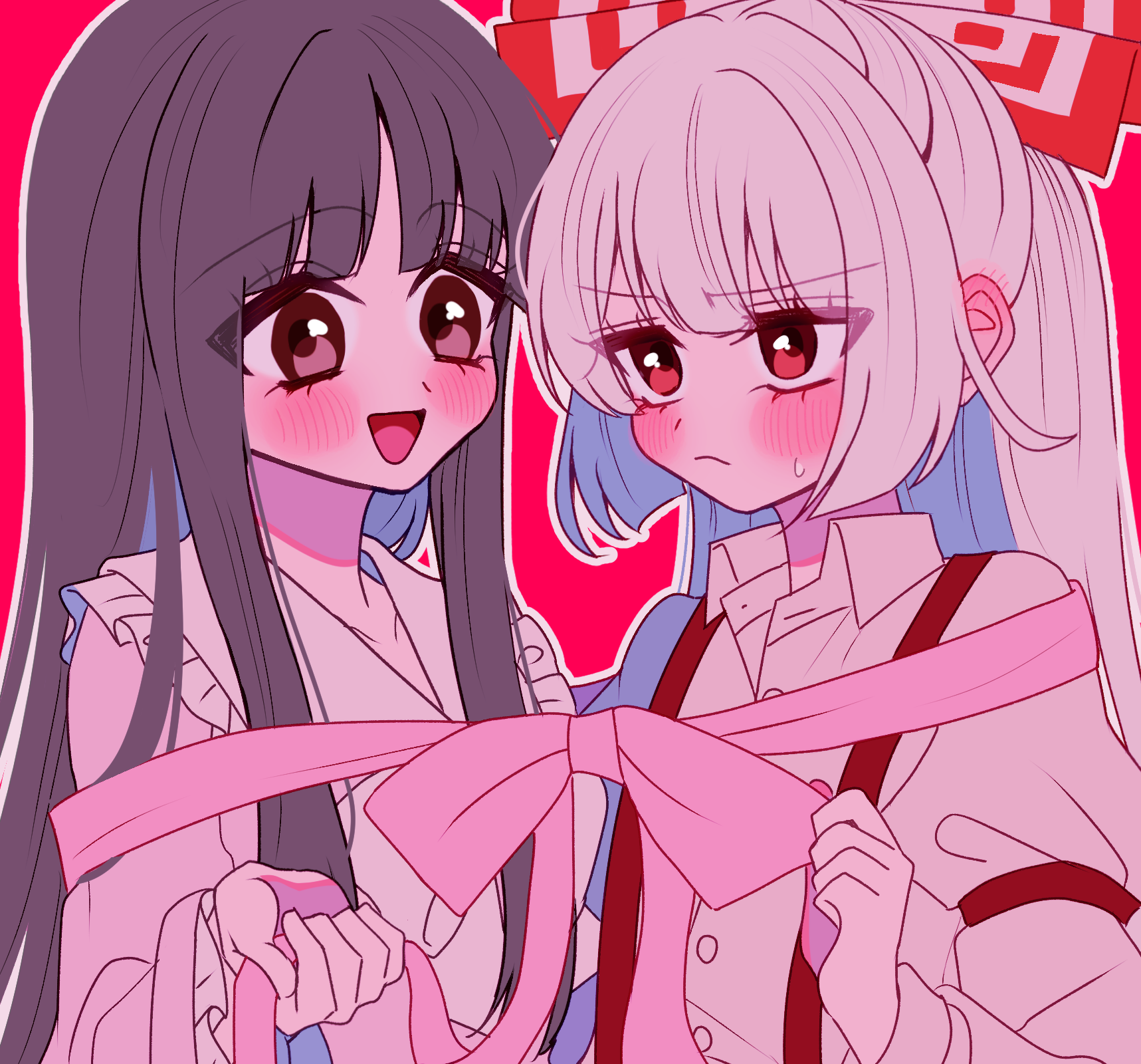 tamiko (tamik0224), fujiwara no mokou, houraisan kaguya, touhou, commentary request, highres, textless version, 2girls, blush, bound together, bow, brown eyes, brown hair, closed mouth, collared shirt, ear blush, frilled shirt collar, frilled sleeves, frills, grey hair, hair bow, long hair, long sleeves, multiple girls, open mouth, pink ribbon, pink shirt, red eyes, ribbon, shirt, smile, suspenders, sweatdrop, white bow, white shirt, wide sleeves, yuri