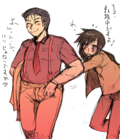 akasaka mamoru, ooishi kuraudo, higurashi no naku koro ni, artist request, lowres, 00s, 2boys, ^ ^, blue eyes, blush, brown hair, carrying clothes, closed eyes, flying sweatdrops, jacket, long sleeves, multiple boys, necktie, open clothes, open jacket, open mouth, red necktie, red shirt, shirt, short hair, short sleeves, simple background, sketch, suspenders, wavy mouth, white background