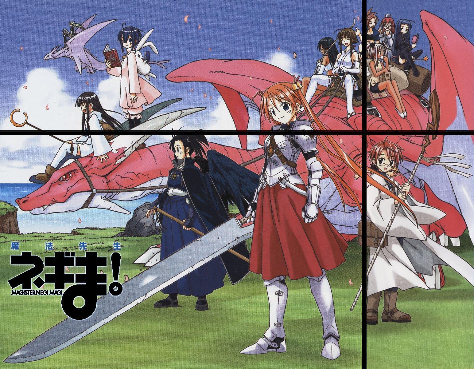 akamatsu ken, mahou sensei negima!, highres, non-web source, official art, 00s, 1boy, 6+girls, :d, ^ ^, ahoge, armor, bell, black wings, blue eyes, blue hair, blue sky, blush, book, breastplate, brown hair, cloak, closed eyes, cloud, copyright name, day, dragon, ermine, everyone, fangs, flying, glasses, grass, grimoire, hair bell, hair ornament, hat, holding, holding book, holding sword, holding weapon, japanese armor, long hair, looking at viewer, monster, multiple girls, open mouth, outdoors, plant, red hair, ribbon-trimmed legwear, ribbon trim, riding, rock, rod, short hair, sidelocks, sky, smile, staff, straddling, sword, teeth, twintails, very long hair, weapon, weasel, wind, wings