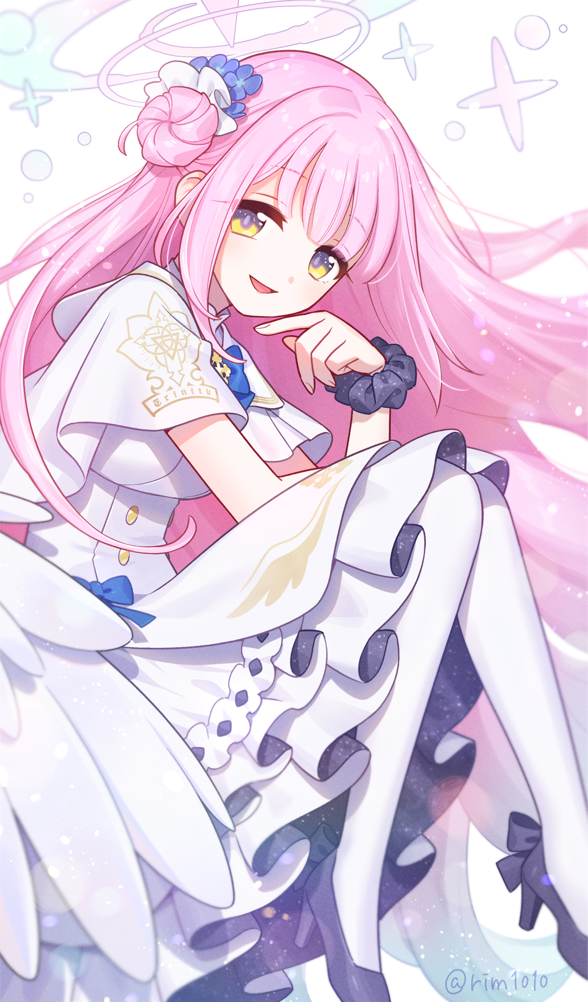rim1010, mika (blue archive), blue archive, highres, 1girl, angel wings, aqua hair, blue bow, blush, bow, breasts, buttons, capelet, double-breasted, dress, feathered wings, flower, gold trim, gradient hair, hair bun, hair flower, hair ornament, high heels, long hair, looking at viewer, low wings, medium breasts, multicolored hair, open mouth, pantyhose, pink hair, pumps, purple eyes, scrunchie, single hair bun, single side bun, smile, solo, twitter username, very long hair, white capelet, white dress, white pantyhose, white wings, wings, wrist scrunchie