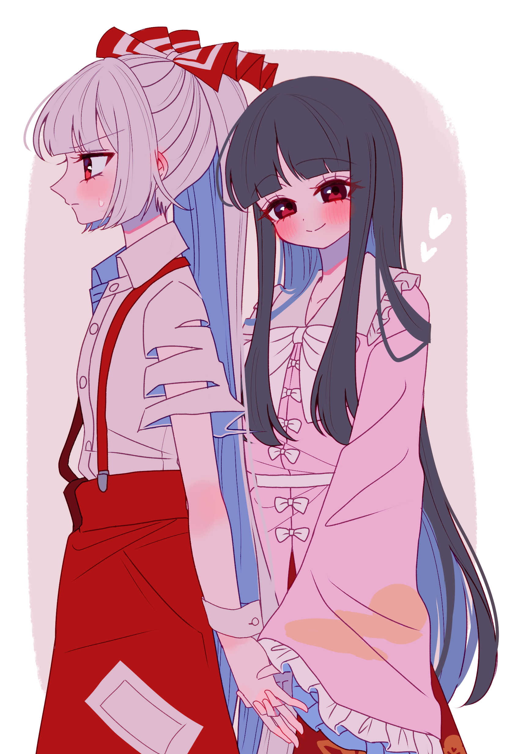 tamiko (tamik0224), fujiwara no mokou, houraisan kaguya, touhou, absurdres, commentary request, highres, 2girls, black hair, blush, border, bow, bowtie, closed mouth, collared shirt, frilled shirt collar, frilled sleeves, frills, grey hair, heart, holding hands, interlocked fingers, long hair, long sleeves, looking at viewer, multiple girls, pink background, pink shirt, ponytail, red eyes, red skirt, shirt, short sleeves, simple background, skirt, smile, suspender skirt, suspenders, sweatdrop, torn clothes, torn sleeves, white border, white bow, white bowtie, white shirt, yuri