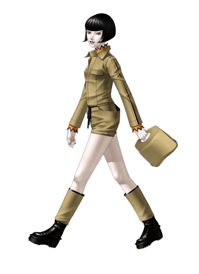 kazuma kaneko, kirishima eriko, atlus, persona, persona 1, persona 2, persona 2 batsu, non-web source, official art, 1girl, bag, black hair, boots, breasts, brown eyes, carrying, facing viewer, female focus, full body, handbag, happy, holding, holding bag, jacket, long sleeves, looking at viewer, medium breasts, pale skin, parted lips, shoes, short hair, shorts, simple background, smile, solo, teeth, walking, white background