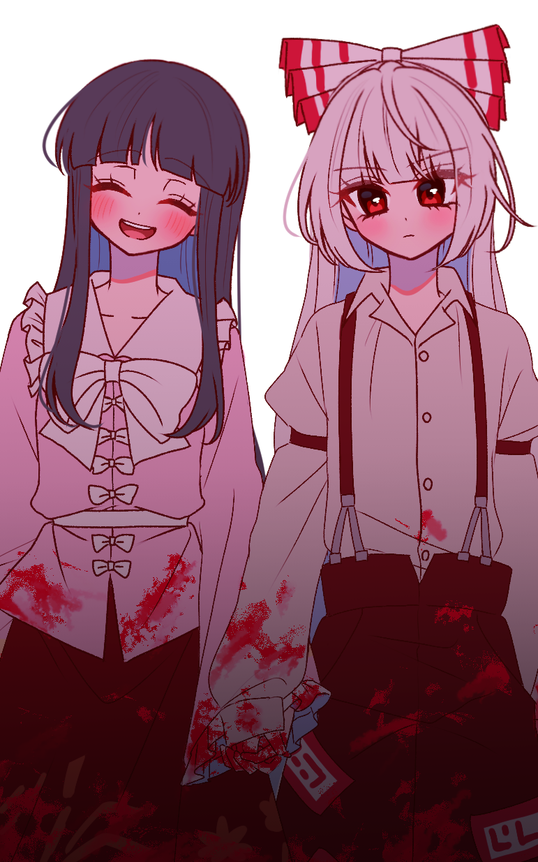 tamiko (tamik0224), fujiwara no mokou, houraisan kaguya, touhou, commentary request, highres, 2girls, blood, blood on clothes, blood on hands, bow, bowtie, closed eyes, closed mouth, collared shirt, facing viewer, frilled shirt collar, frills, hair bow, holding hands, interlocked fingers, long hair, long sleeves, looking at viewer, multiple girls, ofuda, ofuda on clothes, open mouth, pants, pink shirt, red eyes, red pants, red skirt, shirt, simple background, skirt, smile, suspenders, very long hair, white background, white bow, white bowtie, white hair, white shirt, wide sleeves, yuri