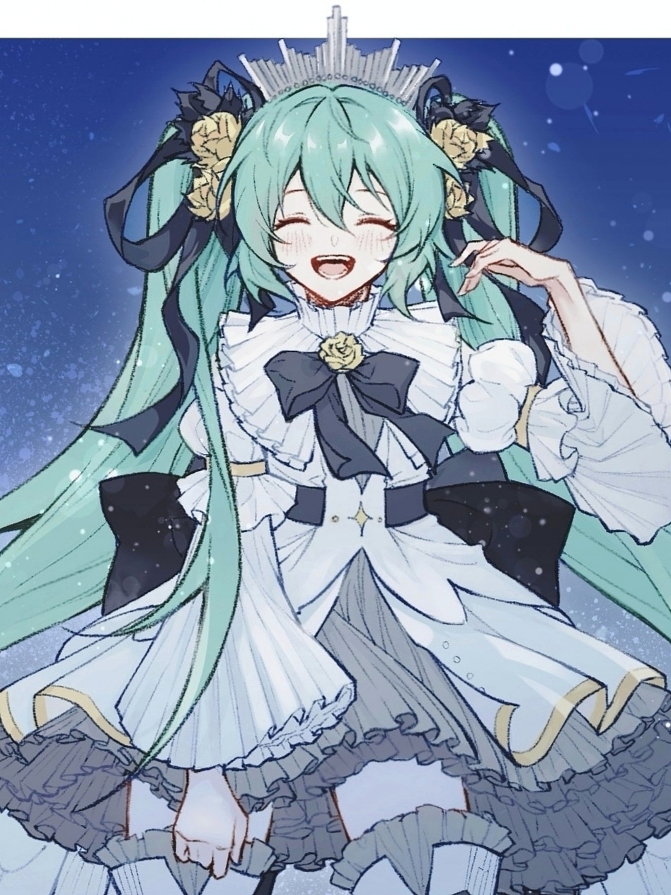 cyfrost, hatsune miku, miku symphony (vocaloid), vocaloid, highres, 1girl, aqua hair, black bow, black ribbon, blush, boots, border, bow, closed eyes, dress, facing viewer, flower, frilled dress, frilled sleeves, frilled thighhighs, frills, hair flower, hair ornament, hair ribbon, hand up, long hair, open mouth, puffy sleeves, ribbon, smile, solo, standing, straight-on, thigh boots, thighhighs, tiara, twintails, very long hair, white border, white dress, white thighhighs, wide sleeves, zettai ryouiki