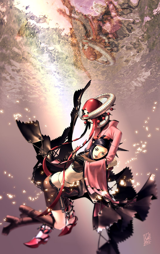 kazuma kaneko, amano maya, maia, atlus, persona, persona 2, persona 2 batsu, visor, non-web source, official art, boots, hug, skirt