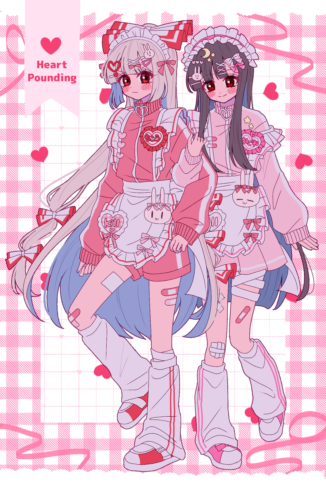 tamiko (tamik0224), fujiwara no mokou, houraisan kaguya, touhou, commentary request, highres, translated, 2girls, alternate costume, apron, bandaid, bandaid on leg, blush, bow, brown hair, closed mouth, crescent, crescent hair ornament, english text, grey hair, hair bow, hair ornament, hairpin, heart, jacket, jersey maid, leg warmers, locked arms, long hair, long sleeves, looking at viewer, maid, maid headdress, multiple girls, name tag, pink bow, pink jacket, rabbit hair ornament, red eyes, red jacket, red shorts, shoes, shorts, smile, star (symbol), track jacket, unconventional maid, very long hair, waist apron, white apron, white bow, white leg warmers