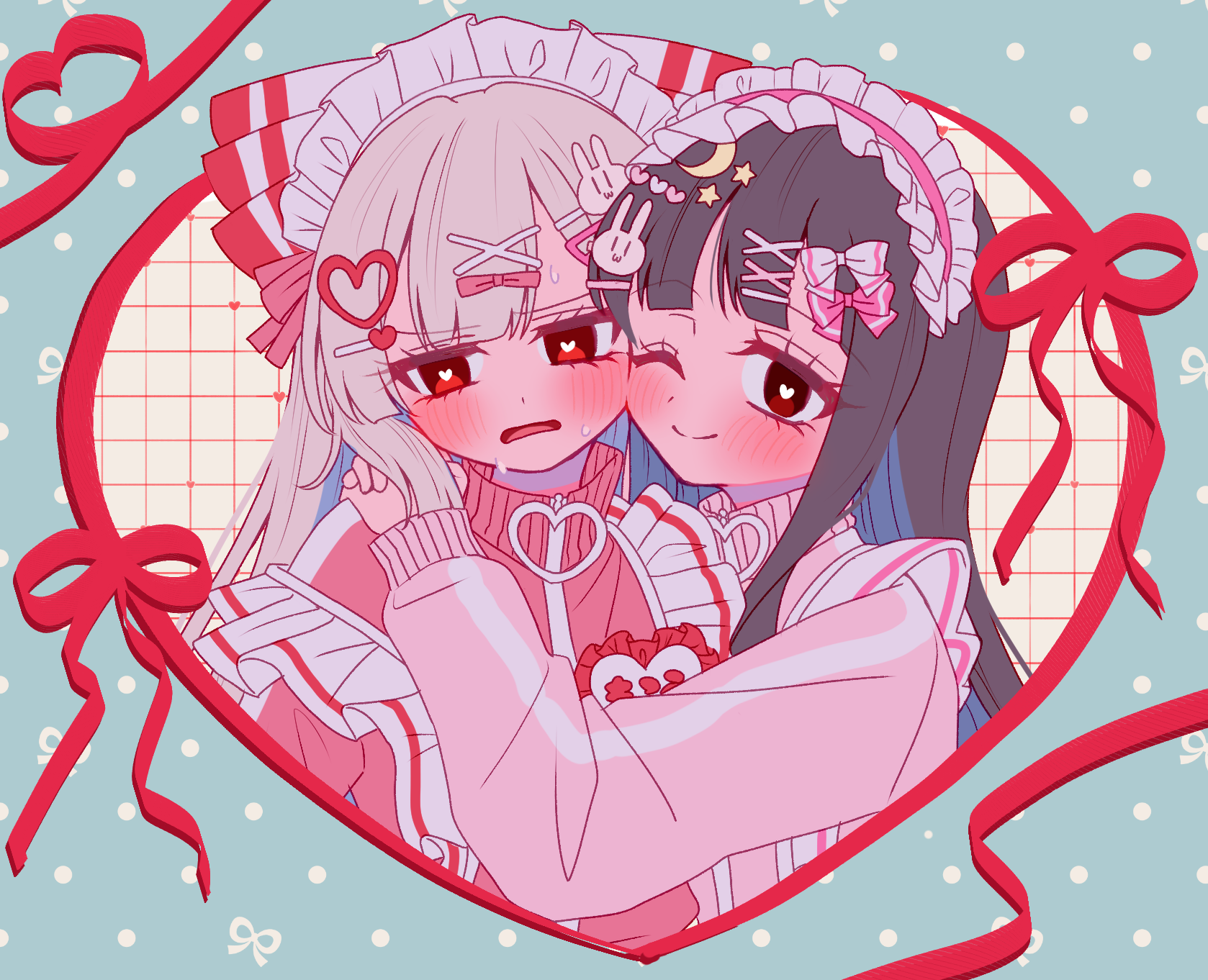 tamiko (tamik0224), fujiwara no mokou, houraisan kaguya, touhou, commentary request, highres, 2girls, alternate costume, blush, bow, brown hair, closed mouth, crescent, crescent hair ornament, frilled hairband, frills, grey hair, hair bow, hair ornament, hairband, hairpin, heart, heart-shaped pupils, heart hair ornament, interlocked fingers, jacket, jersey maid, long hair, long sleeves, looking at viewer, maid, maid headdress, multiple girls, name tag, one eye closed, open mouth, own hands together, pink jacket, rabbit hair ornament, red eyes, red jacket, smile, star (symbol), star hair ornament, sweat, symbol-shaped pupils, track jacket, unconventional maid, white hairband, white headdress, yuri
