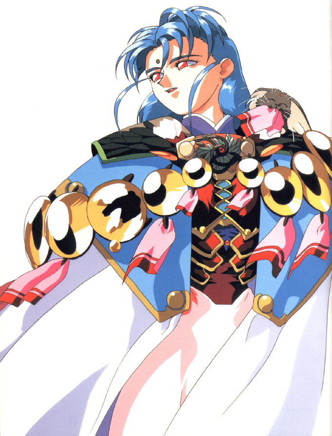kajishima masaki, ryoohki, ryou-ouki, tsunami (tenchi muyou!), tenchi muyou!, 1990s (style), 1girl, blue hair, facial mark, forehead mark, poster (medium), red eyes, retro artstyle