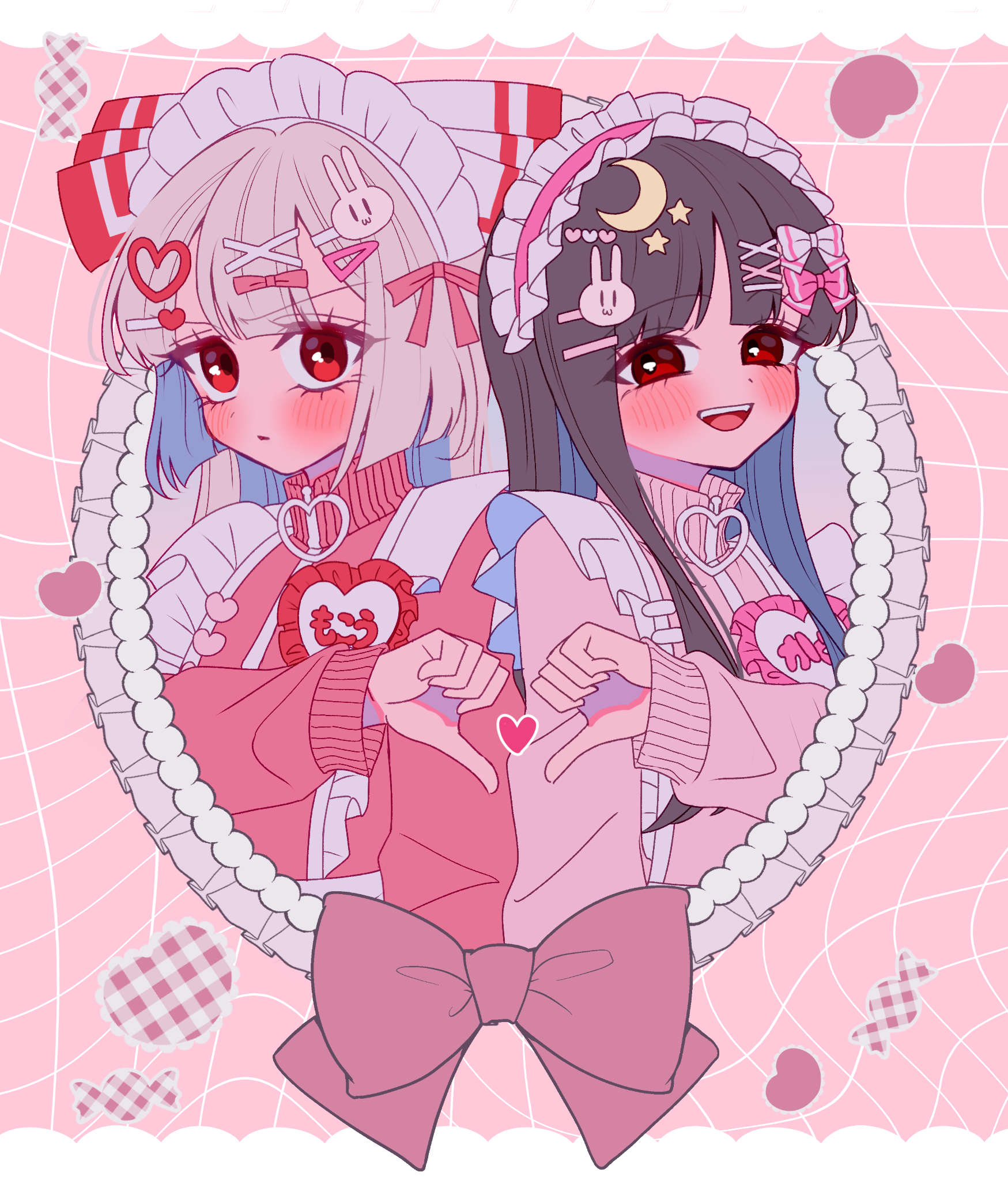 tamiko (tamik0224), fujiwara no mokou, houraisan kaguya, touhou, commentary request, highres, 2girls, alternate costume, blush, bow, brown hair, crescent, crescent hair ornament, frilled hairband, frills, grey hair, hair bow, hair ornament, hairband, hairpin, heart, heart hair ornament, heart hands, heart hands duo, jacket, jersey maid, long hair, long sleeves, looking at viewer, maid, maid headdress, multiple girls, multiple hairpins, name tag, open mouth, pink hairband, pink jacket, rabbit hair ornament, red eyes, red jacket, smile, unconventional maid