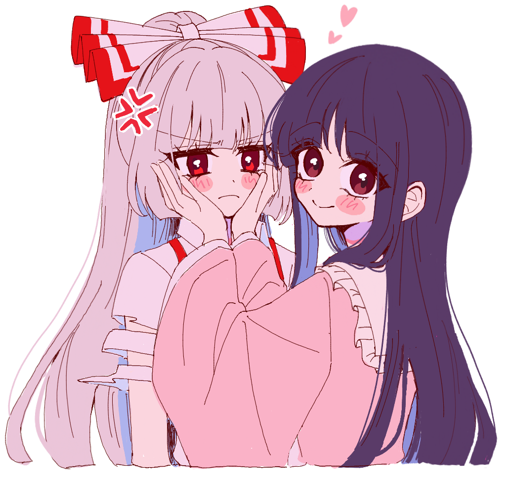 tamiko (tamik0224), fujiwara no mokou, houraisan kaguya, touhou, commentary request, 2girls, anger vein, angry, blush, bow, closed mouth, collared shirt, frilled shirt collar, frills, grey hair, hair bow, hands on another's cheeks, hands on another's face, heart, long hair, long sleeves, looking at viewer, multiple girls, paint chat (medium), pink shirt, red eyes, shirt, simple background, smile, suspenders, torn clothes, torn sleeves, very long hair, white background, white shirt, wide sleeves, yuri