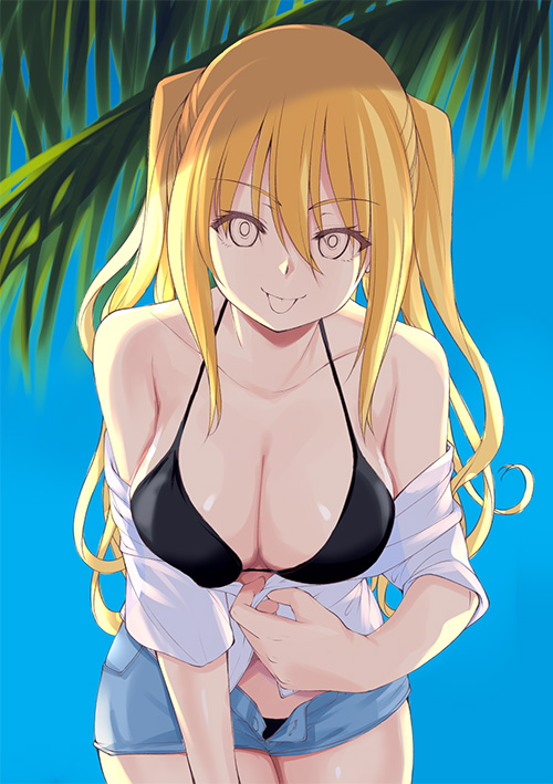 nao akinari, lieselotte sherlock, trinity seven, official art, unfinished, 1girl, bikini, black bikini, blonde hair, blue sky, breasts, cleavage, large breasts, long hair, open clothes, open shirt, open shorts, shirt, short shorts, shorts, sky, swimsuit, tongue, tongue out, white shirt