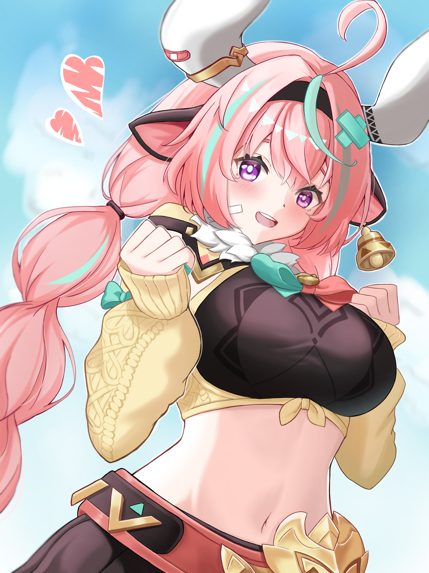 varesa (genshin impact), genshin impact, highres, 1girl, ahoge, animal ears, aqua hair, bell, black skirt, braid, breasts, bright pupils, cow ears, cow girl, cow horns, cowbell, detached sleeves, hairband, heart, horns, large breasts, long hair, looking at viewer, mako (cvyt5325), multicolored hair, navel, open mouth, pink hair, purple eyes, skirt, sleeves past wrists, solo, stomach, streaked hair, teeth, twin braids, upper body, upper teeth only, yellow sleeves