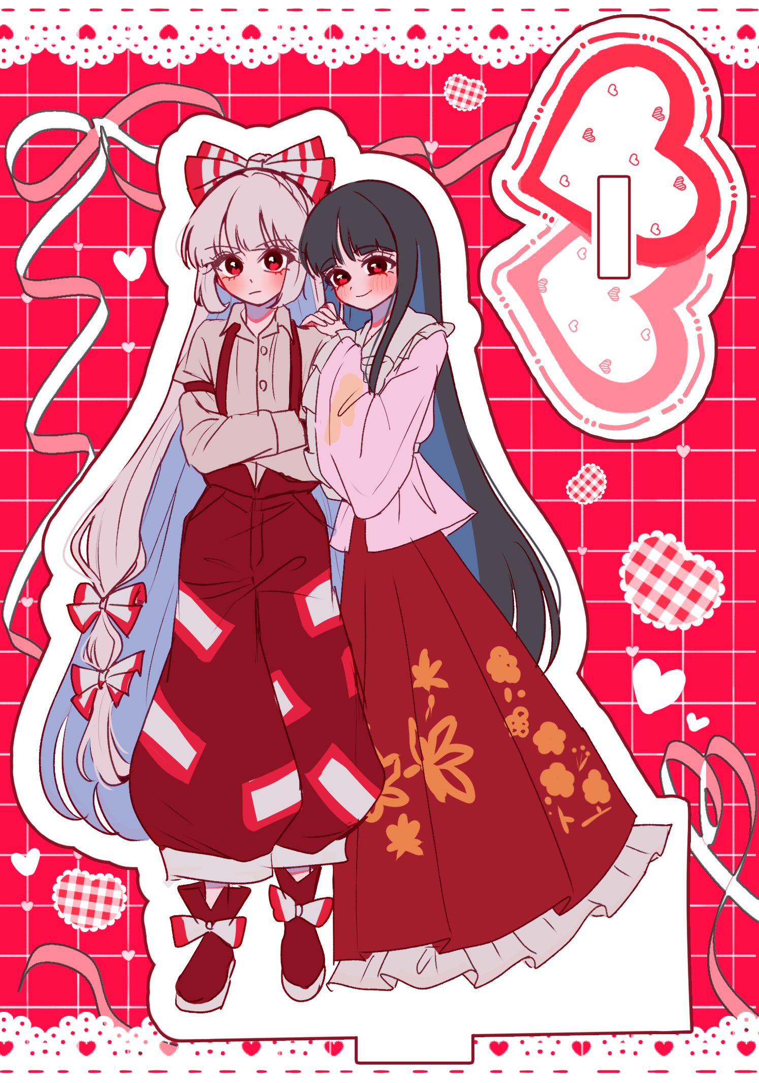 tamiko (tamik0224), fujiwara no mokou, houraisan kaguya, touhou, commentary request, highres, 2girls, baggy pants, black hair, blue hair, blunt ends, blush, boots, border, bow, buttons, closed mouth, cloud print, collared shirt, colored inner hair, crossed arms, footwear bow, frilled skirt, frills, full body, grey hair, grey shirt, grid background, hair bow, hands on another's shoulder, hands up, heart, heart of string, leaf print, long hair, long skirt, long sleeves, looking at viewer, maple leaf print, multicolored hair, multiple girls, multiple hair bows, ofuda, ofuda on clothes, pants, parted bangs, pink shirt, puffy long sleeves, puffy sleeves, red background, red boots, red eyes, red pants, red skirt, shirt, sidelocks, skirt, standing, suspenders, v-shaped eyebrows, very long hair, white border, white bow, wide sleeves, yuri