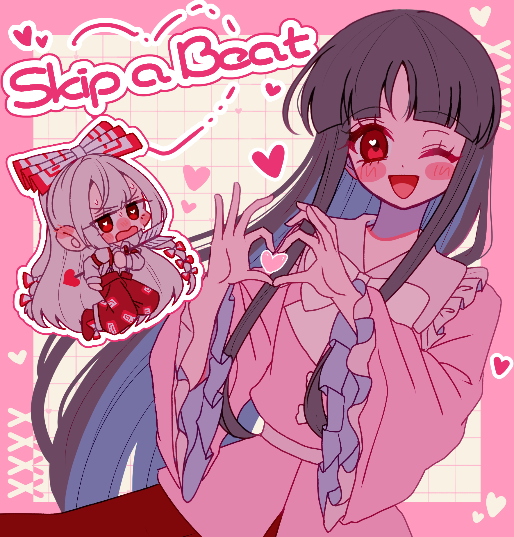 tamiko (tamik0224), fujiwara no mokou, houraisan kaguya, touhou, commentary request, highres, 2girls, arrow (projectile), black hair, blush, bow, bowtie, chibi, chibi inset, collared shirt, colored inner hair, english text, four-finger heart hands, frilled shirt collar, frilled sleeves, frills, grey hair, hair bow, heart, heart-shaped pupils, heart arrow, heart hands, heart in heart hands, long hair, long sleeves, multicolored hair, multiple girls, multiple hair bows, ofuda, ofuda on clothes, one eye closed, open mouth, pants, pink shirt, red eyes, red pants, red skirt, shirt, skirt, smile, suspenders, sweat, symbol-shaped pupils, very long hair, white bow, white bowtie, white shirt, wide sleeves, yuri
