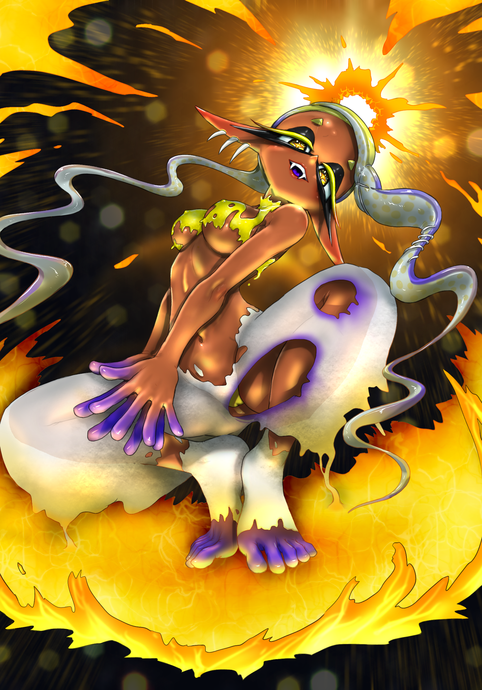 koharu2.5, frye (splatoon), nintendo, splatoon (series), highres, 1girl, blonde hair, breasts, cameltoe, clothing cutout, colored eyelashes, colored tongue, covered erect nipples, cross-shaped pupils, dark-skinned female, dark skin, dissolving clothes, fangs, from below, gradient hair, inkling, long hair, looking at viewer, medium breasts, multicolored hair, multiple piercings, navel, own hands together, panties, pants, pointy nose, purple eyes, purple hair, purple tongue, see-through clothes, see-through pants, shirt, smile, squatting, symbol-shaped pupils, tentacle hair, toeless legwear, underboob, underwear, very long hair, white pants, yellow eyes, yellow panties, yellow pupils, yellow shirt