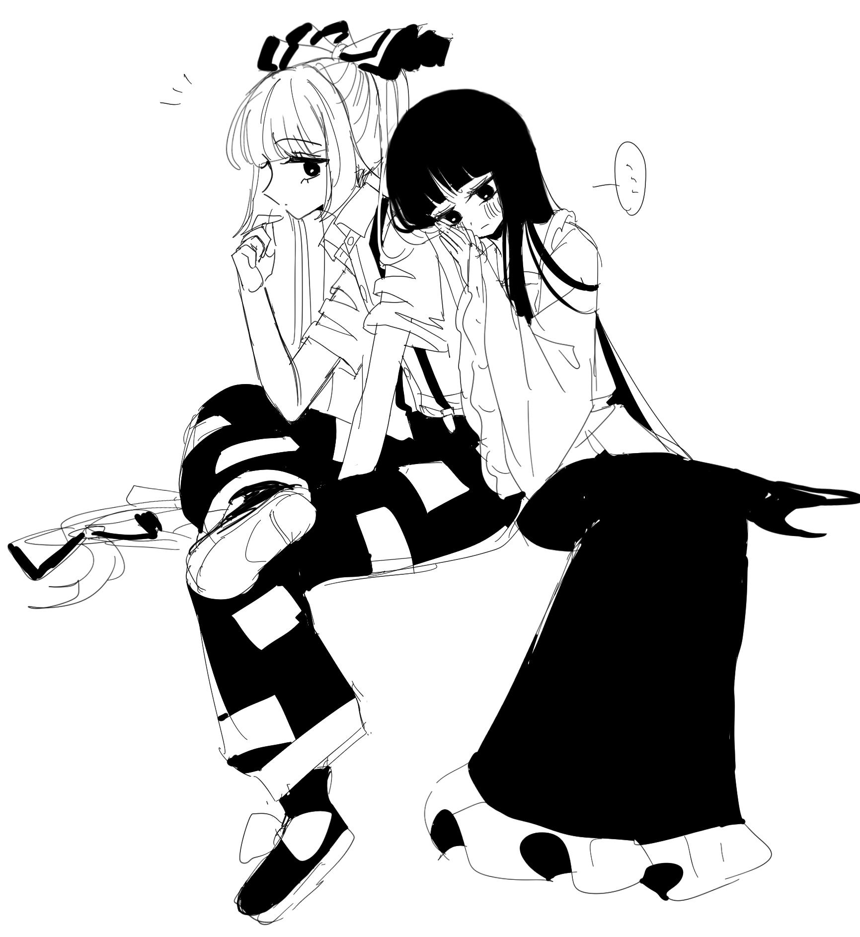 tamiko (tamik0224), fujiwara no mokou, houraisan kaguya, touhou, commentary request, highres, …, 2girls, blush, boots, bow, closed mouth, collared shirt, crossed legs, frilled sleeves, frills, greyscale, hair bow, leaning on person, long hair, long sleeves, monochrome, multiple girls, ofuda, ofuda on clothes, pants, shirt, skirt, spoken ellipsis, suspenders, torn clothes, torn sleeves, very long hair, wide sleeves, yuri