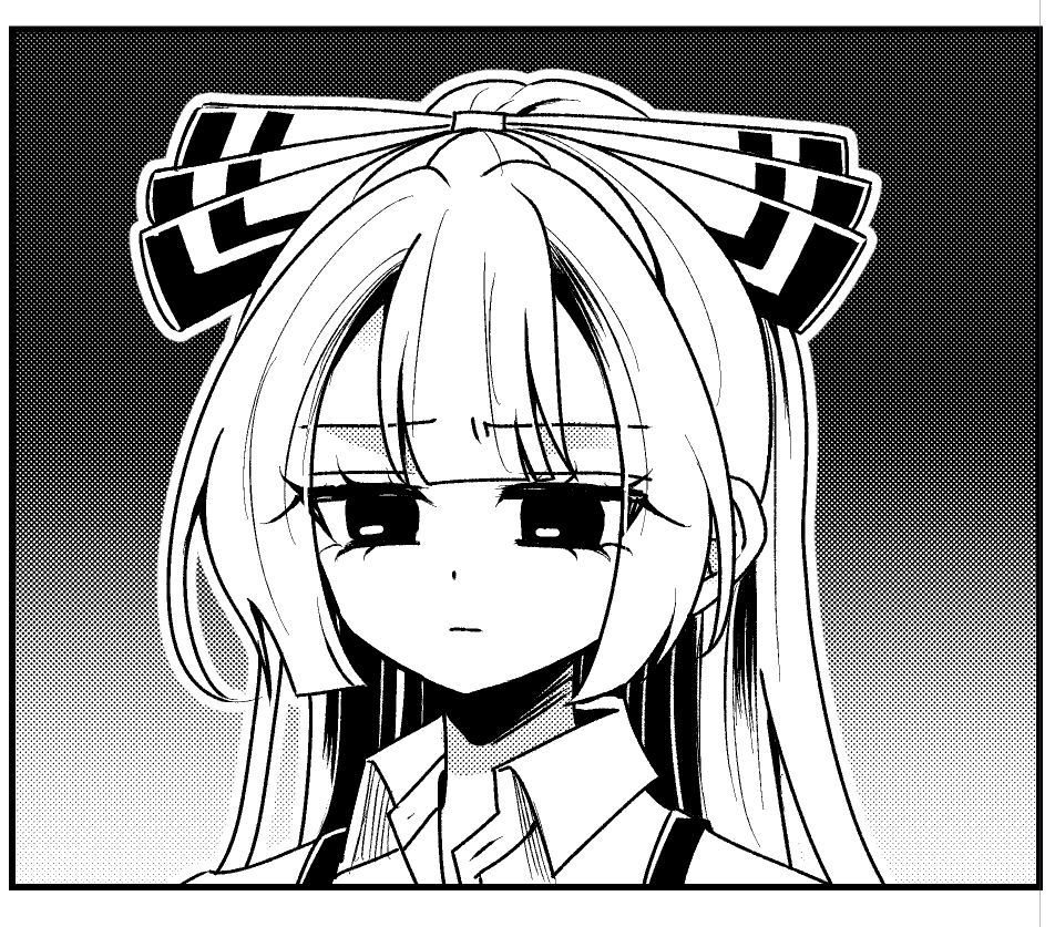 tamiko (tamik0224), fujiwara no mokou, touhou, commentary request, 1girl, bow, closed mouth, collared shirt, expressionless, greyscale, hair bow, looking at viewer, monochrome, shirt, solo, suspenders
