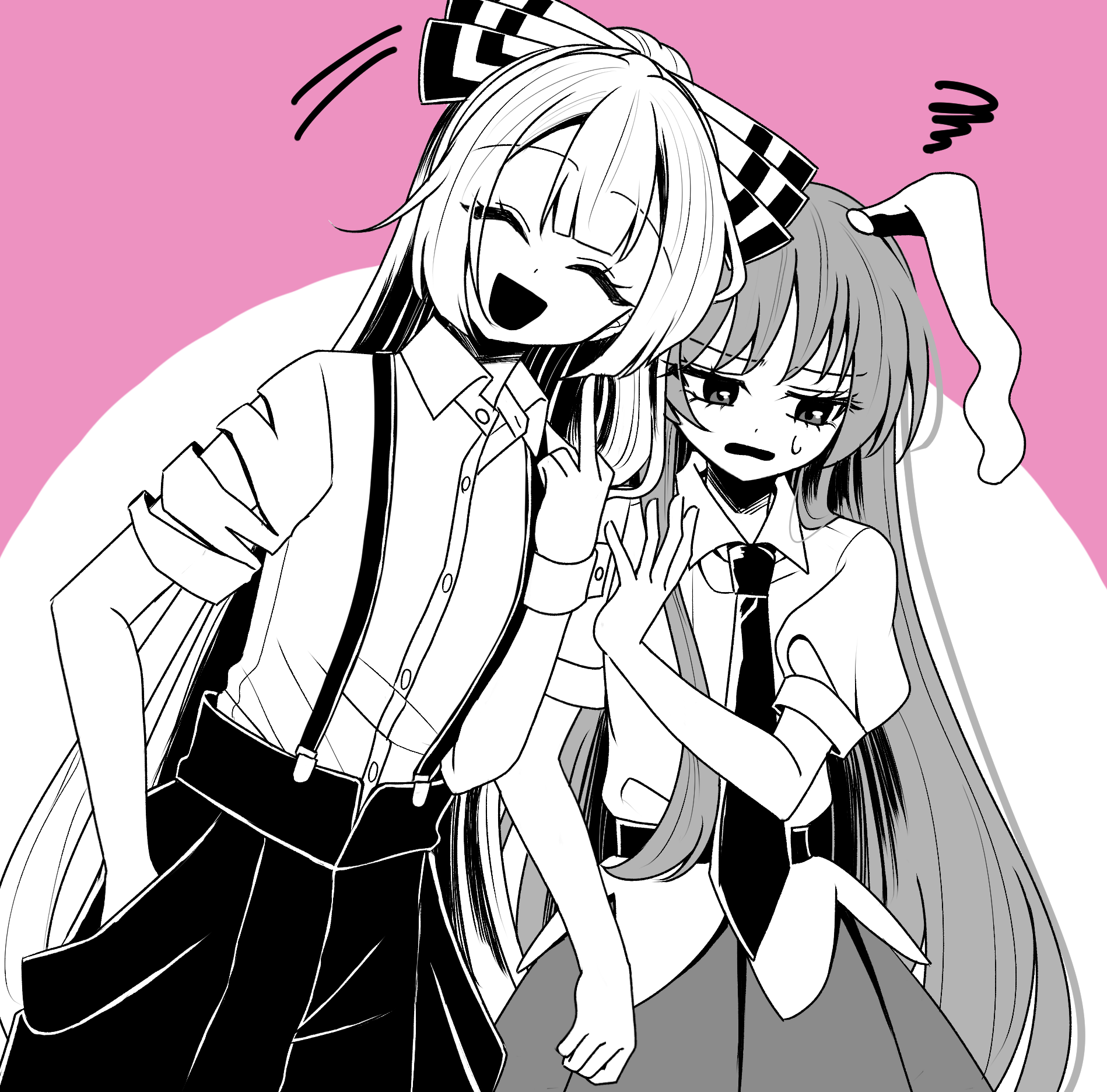 tamiko (tamik0224), fujiwara no mokou, reisen udongein inaba, touhou, commentary request, highres, 2girls, animal ears, bow, closed eyes, collared shirt, facing viewer, false smile, greyscale with colored background, hair bow, hand in pocket, long hair, middle finger, multiple girls, necktie, open mouth, pants, pink background, rabbit ears, rabbit girl, shirt, short sleeves, skirt, smile, squiggle, suspenders, sweatdrop, torn clothes, torn sleeves, very long hair, wrist cuffs