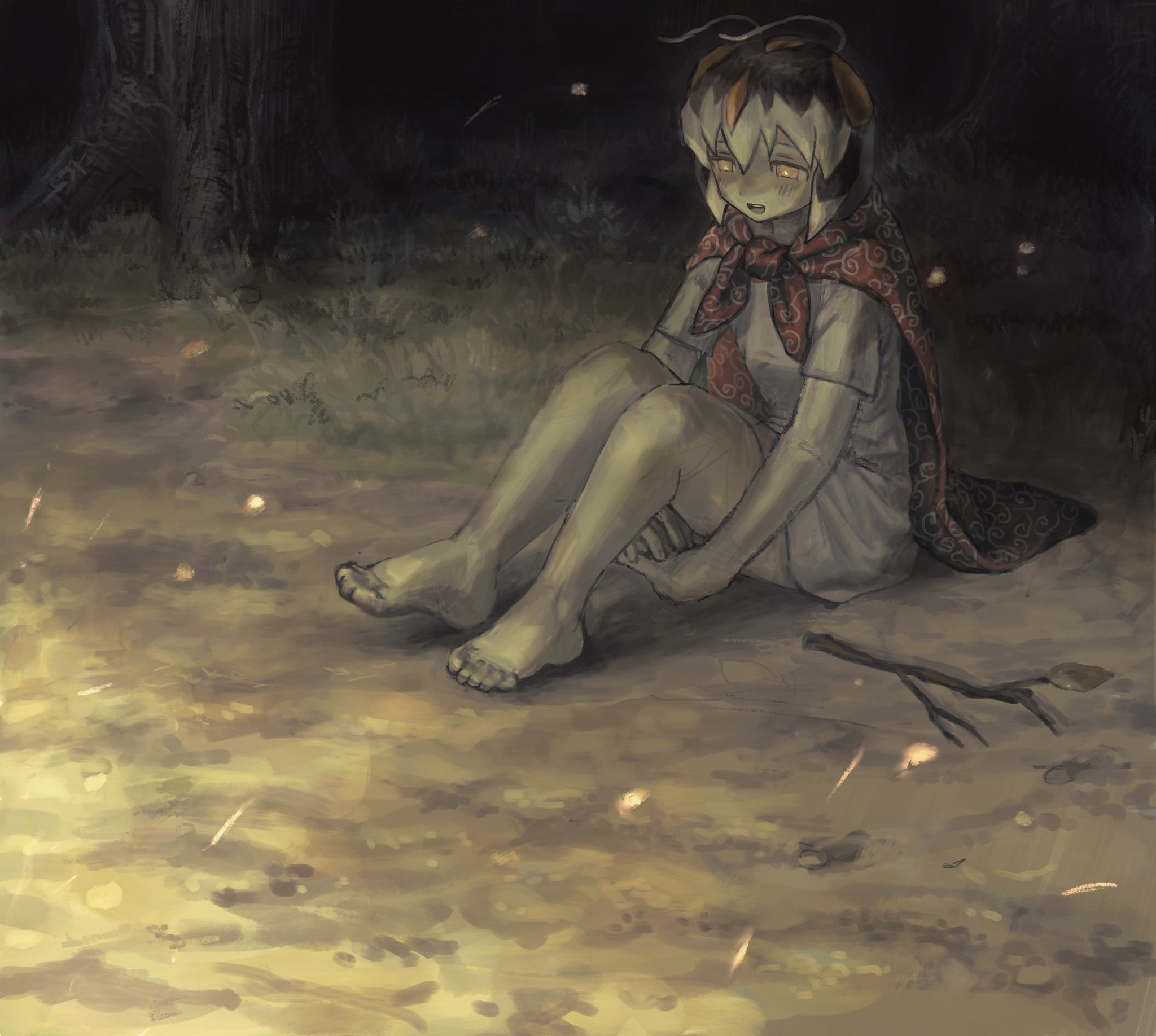 yuutsu (umrs8555), original, highres, 1girl, antennae, arthropod girl, barefoot, branch, brown hair, cape, dress, embers, fire, light smile, multicolored hair, on ground, open mouth, outdoors, red cape, short sleeves, sitting, solo, teeth, tree, upper teeth only, white dress, yellow eyes