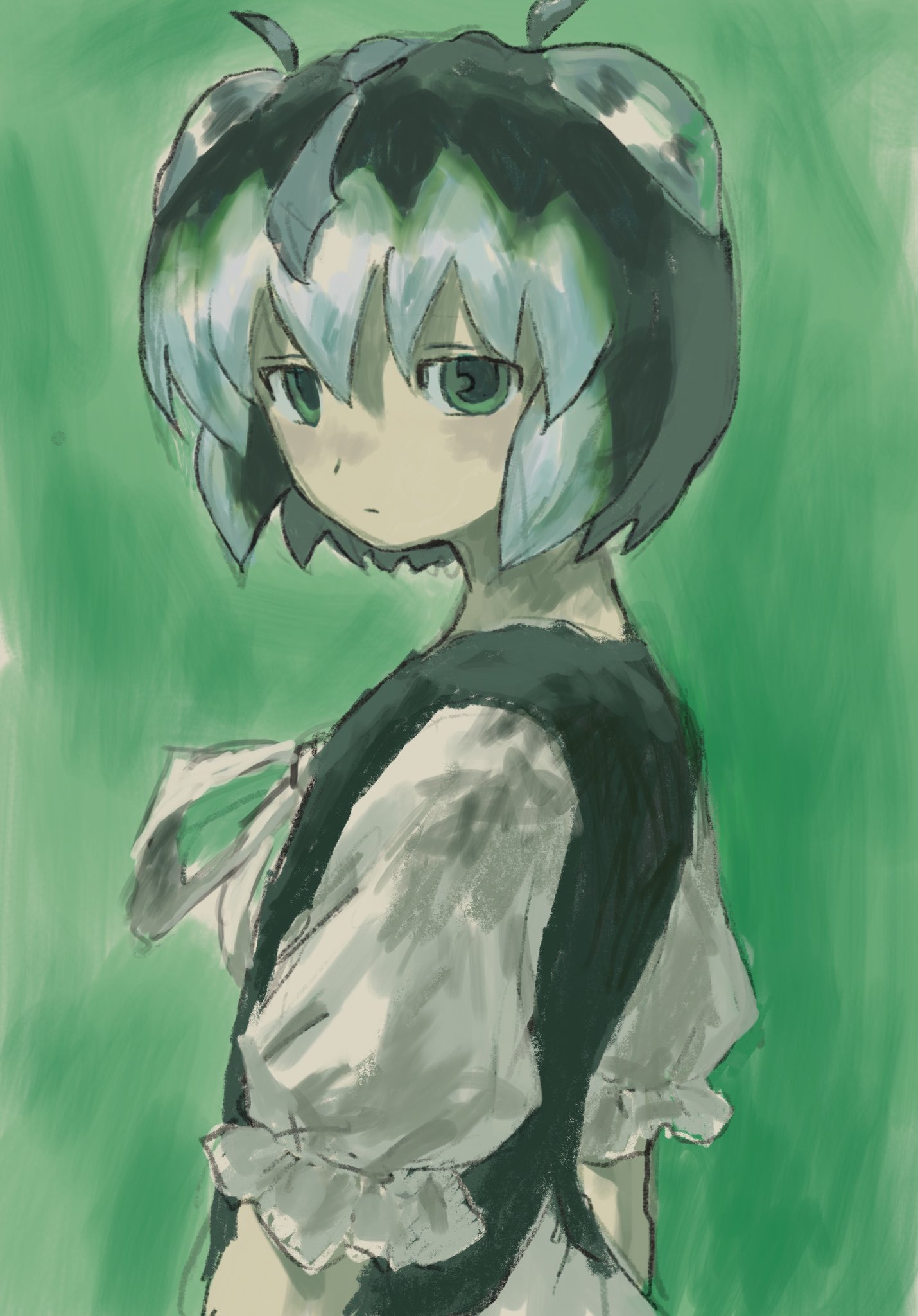 yuutsu (umrs8555), original, highres, 1girl, antennae, arthropod girl, blue hair, bob cut, closed mouth, expressionless, frilled sleeves, frills, green eyes, green hair, green shirt, green theme, multicolored hair, ribbon, shirt, short hair, short sleeves, solo, upper body, white ribbon, white sleeves