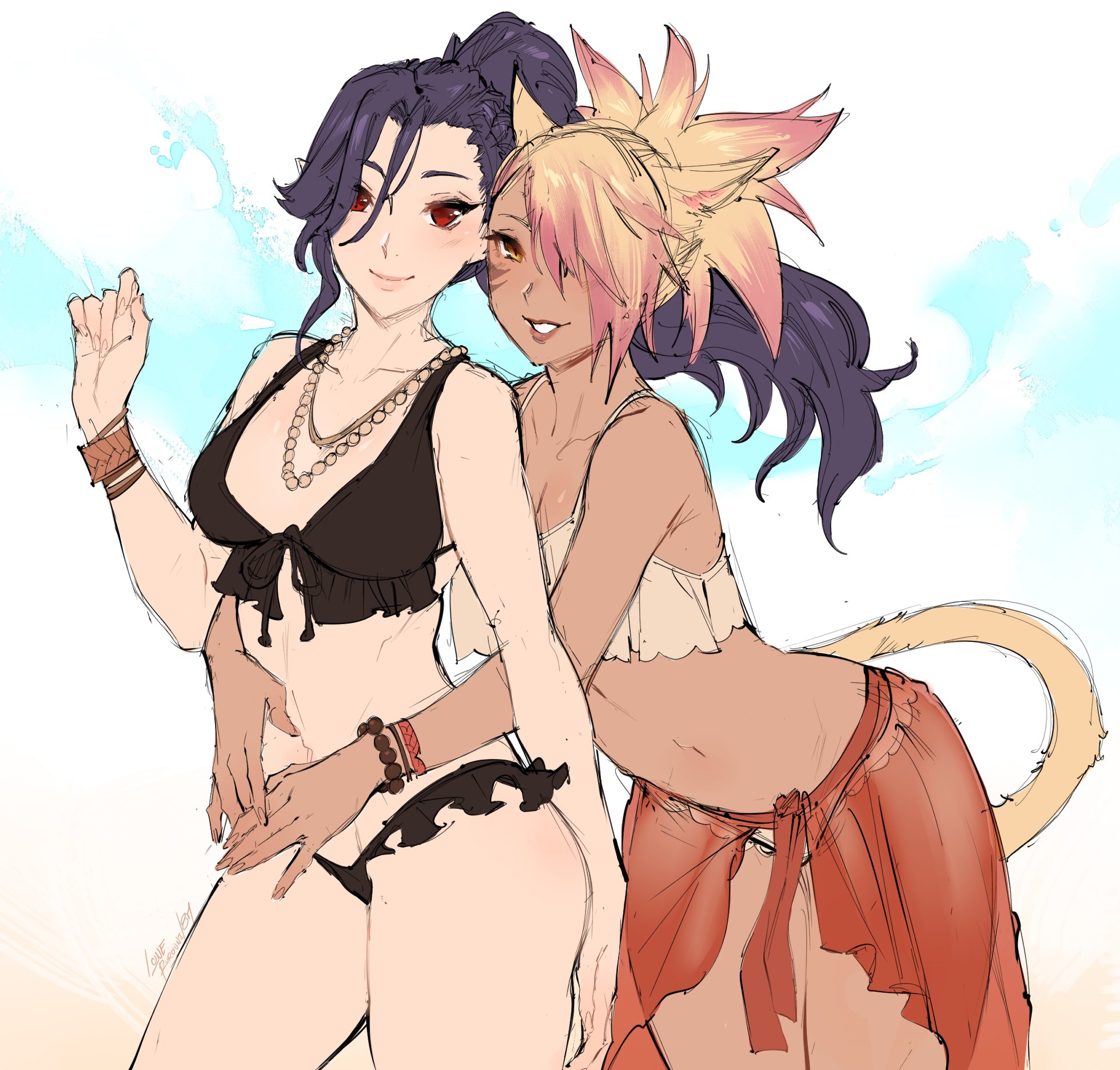 kenshin187, hilda ware, warrior of light (ff14), final fantasy, final fantasy xiv, original, commentary, commission, english commentary, highres, 2girls, :d, animal ears, bikini, black bikini, black hair, blonde hair, bracelet, cat ears, cat girl, cat tail, colored tips, cowboy shot, dark-skinned female, dark skin, facial mark, frilled bikini, frills, front-tie bikini top, front-tie top, hand up, jewelry, long hair, looking at viewer, miqo'te, multicolored hair, multiple girls, navel, necklace, open mouth, pearl necklace, pink hair, ponytail, red eyes, red sarong, sarong, signature, smile, swimsuit, tail, whisker markings, yellow eyes